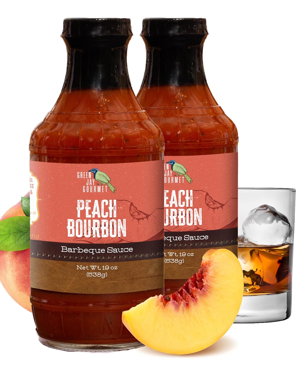 Green Jay Gourmet BBQ Sauce - Peach Bourbon - All-Natural Barbecue Sauce with Peaches, Gourmet Spices, Tomato Paste & More - Gourmet Barbecue Spread for Meats, Veggies & Other Foods - 2 x 19 Ounces