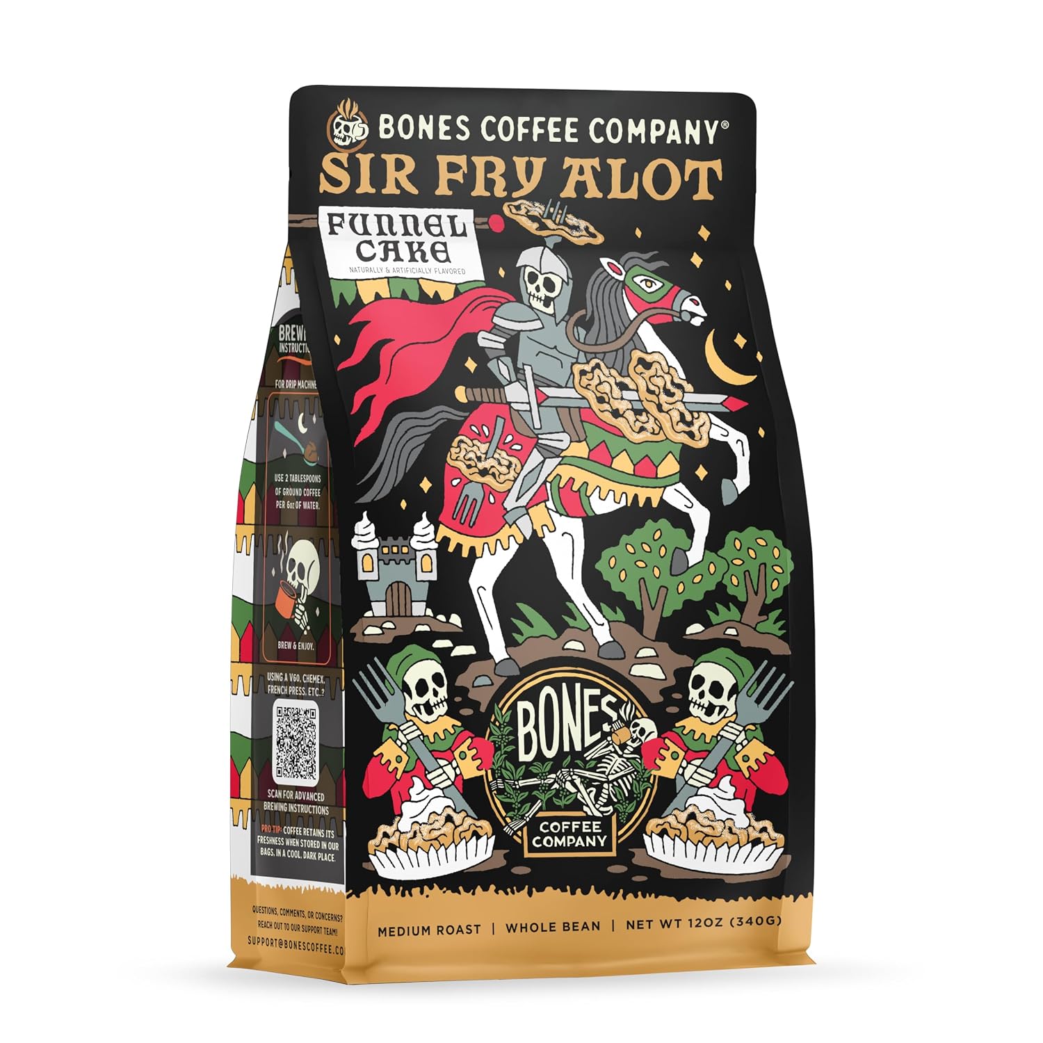 Bones Coffee Company Sir Fry Alot Funnel Cake Flavored Coffee, Medium Roast Low Acid Arabica Beans Compatible with Auto drip and French Press Coffee Maker, 12 Oz Whole Bean