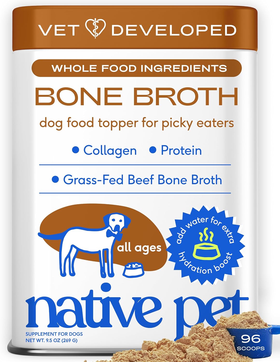 Native Pet Bone Broth for Dogs and Cats - Made with Real Beef Bone Broth, Dog Food Toppers for Picky Eaters - Provides Extra Hydration & Nutrition for Joint Strength, Immunity & Heart Health-96 Scoops