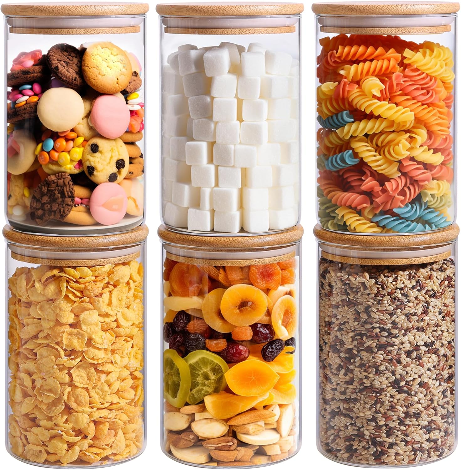 ComSaf 950ml Glass Storage Containers with Lids, Glass Jars with Bamboo Lids, Clear Food Storage Jar, Round Glass Canister Set of 6, Pantry Organizers and Storage for Pasta Flour Rice Tea Coffee Bean