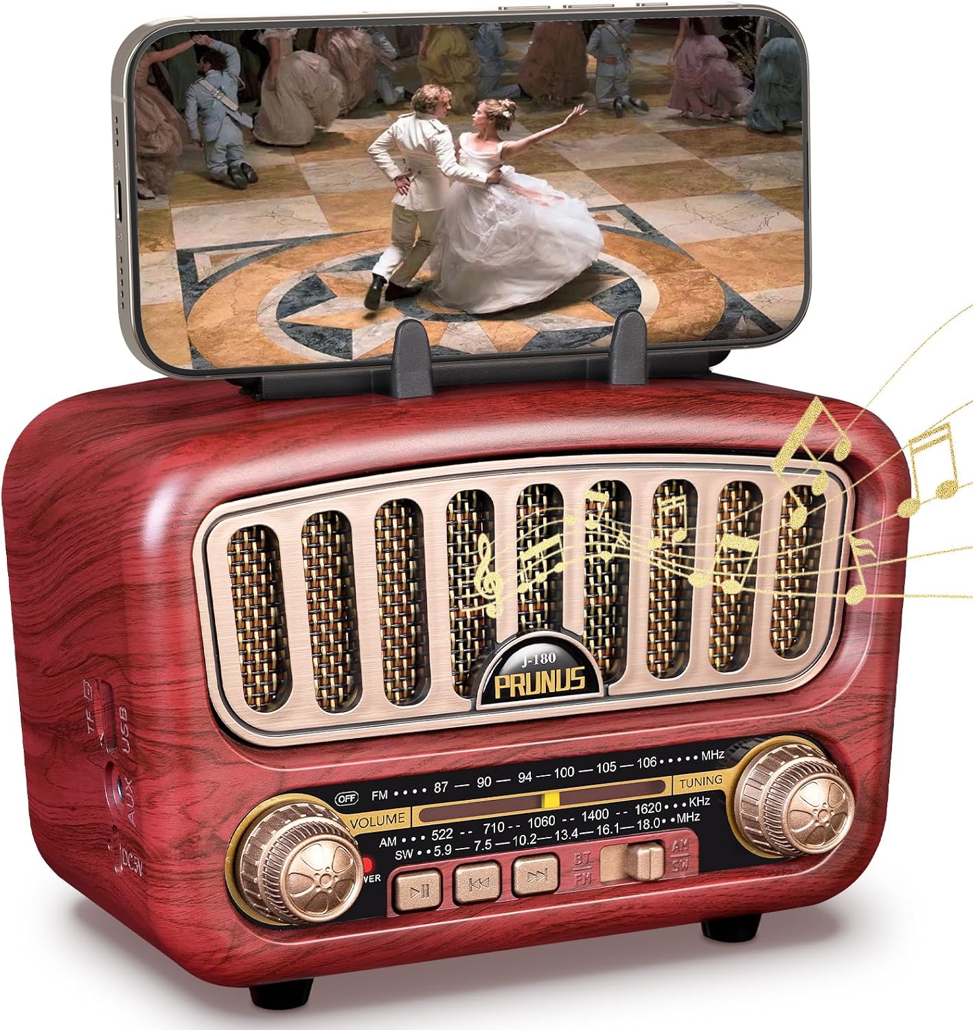 RUNUS J-180 Retro Portable Radio - AM/FM/SW with Bluetooth 5.0, 1800mAh Battery, 5W Speaker, Supports USB/TF/AUX