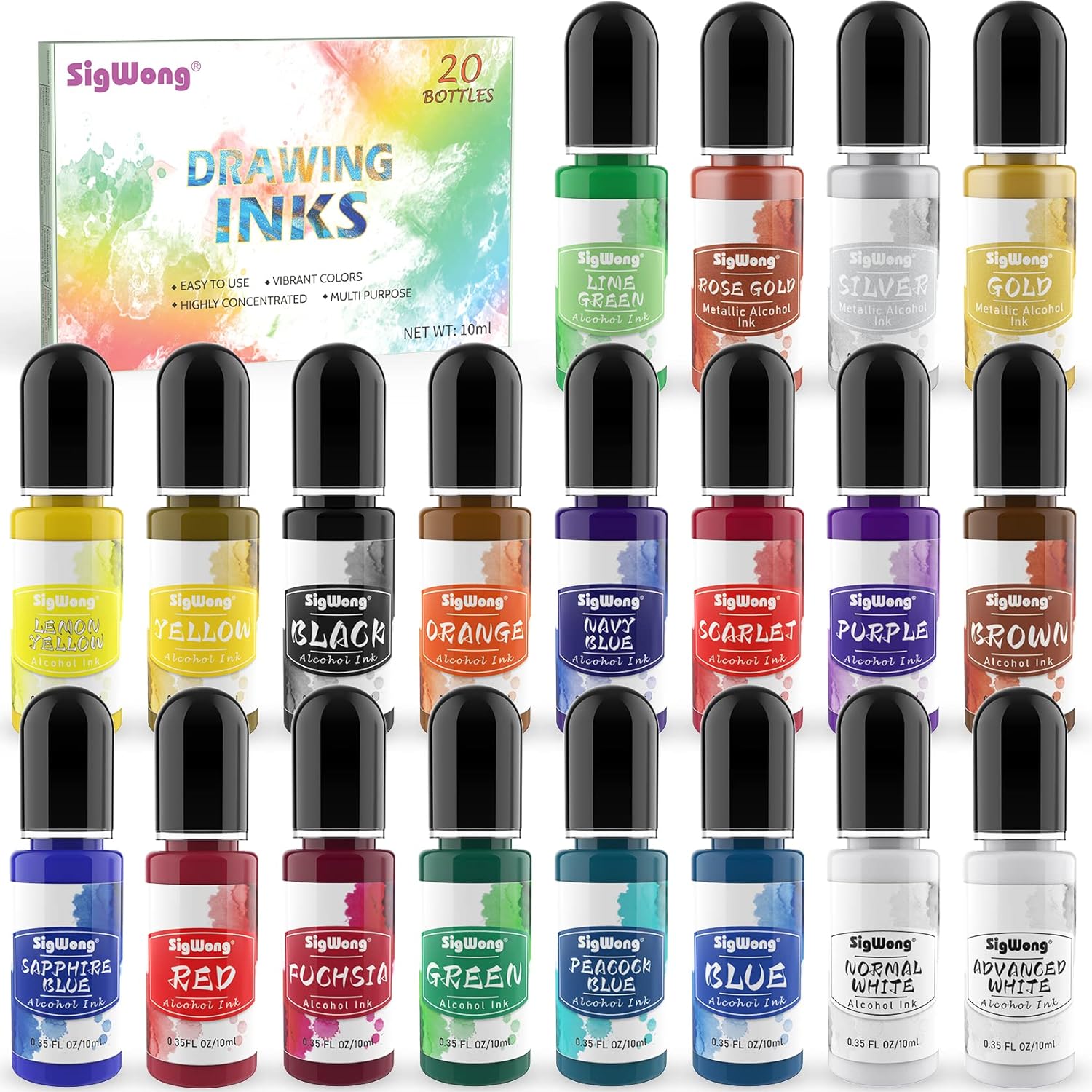 Alcohol Ink Set - Vibrant Colors High Concentrated Alcohol-Based Ink, Concentrated Epoxy Resin Paint Colour Dye Great for Resin Petri Dish, Coaster, Painting (10ml Each)