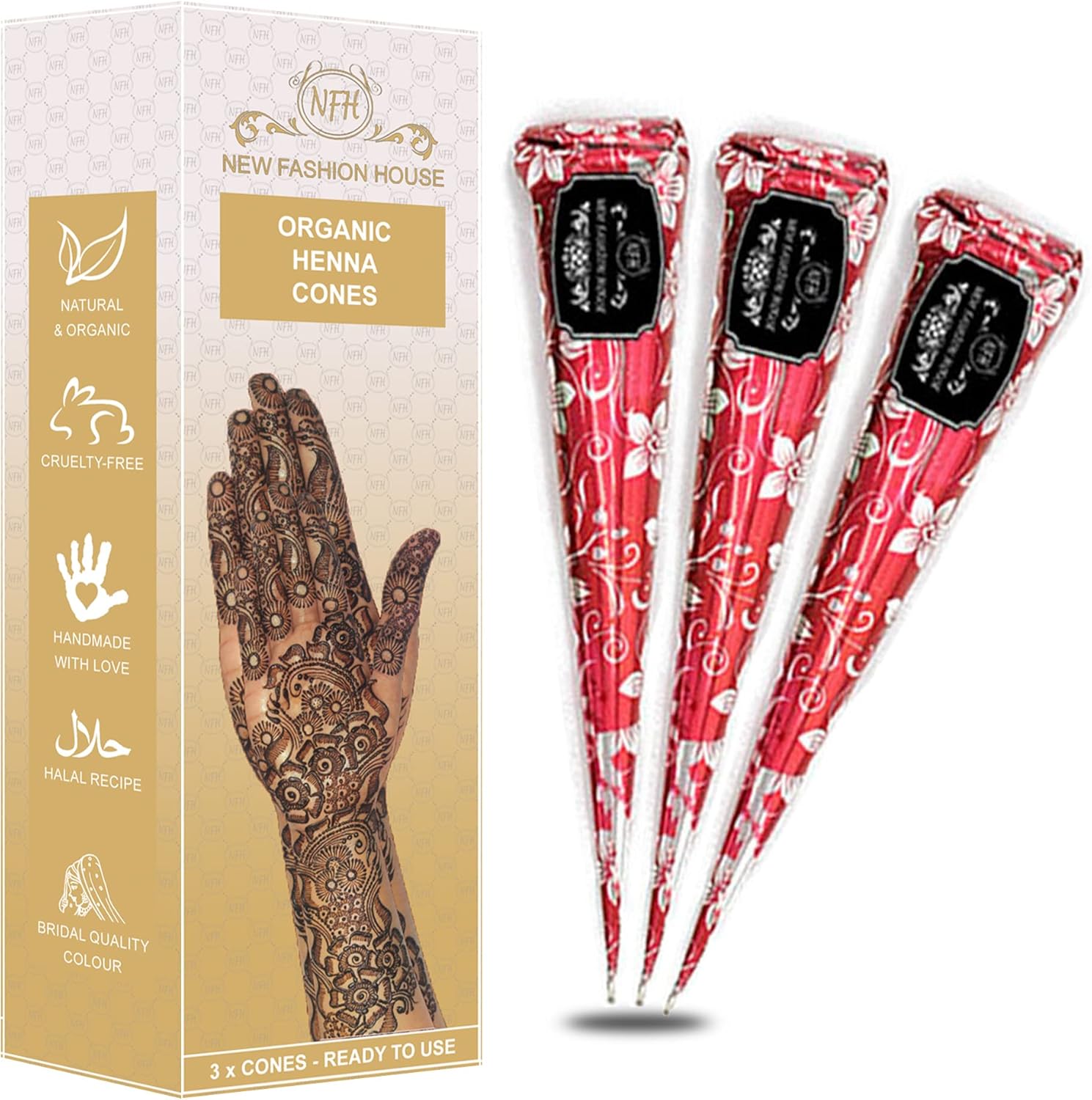 Organic Henna Mehindi XL Cones Ready To Use (Pack of 3) No Chemicals, No Dyes