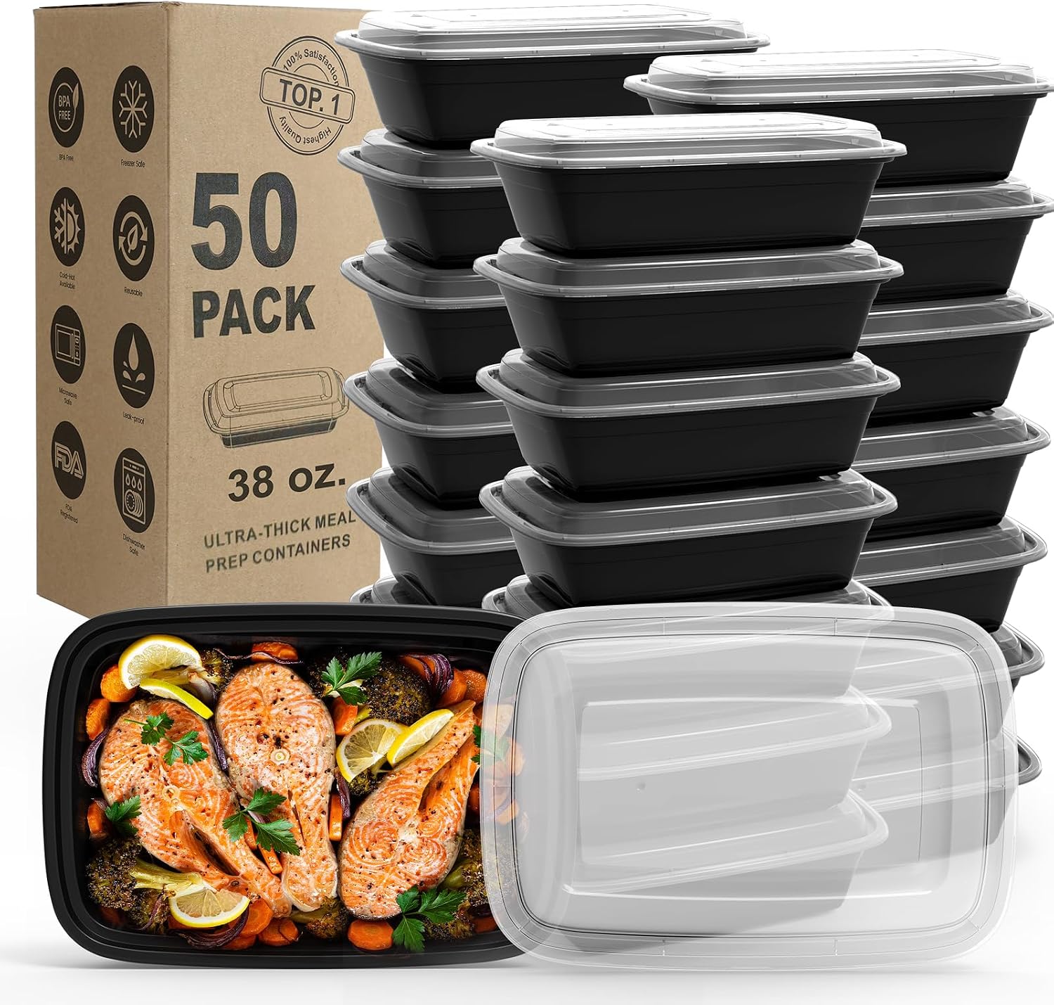 Meal Prep Containers, 50Pack [38OZ] Food Storage Containers With Lids, Reusable Food Prep Containers, To Go Containers, BPA-free, Stackable, Microwave/Dishwasher/Freezer Safe