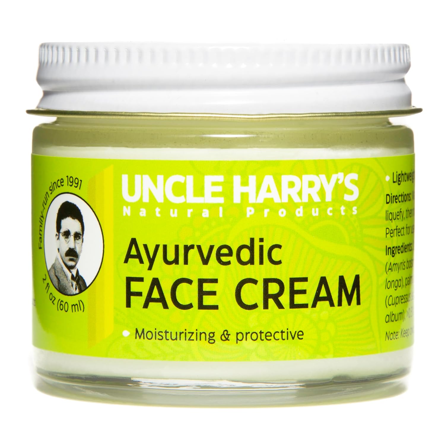 Uncle Harry's Natural Products Ayurvedic Face Cream with Jojoba Esters and Pure Essential Oils of Turmeric, Sandalwood, Palmarosa, and Cypress – For Day and Night Use, Vegan, 2 Fluid Ounce Glass Jar