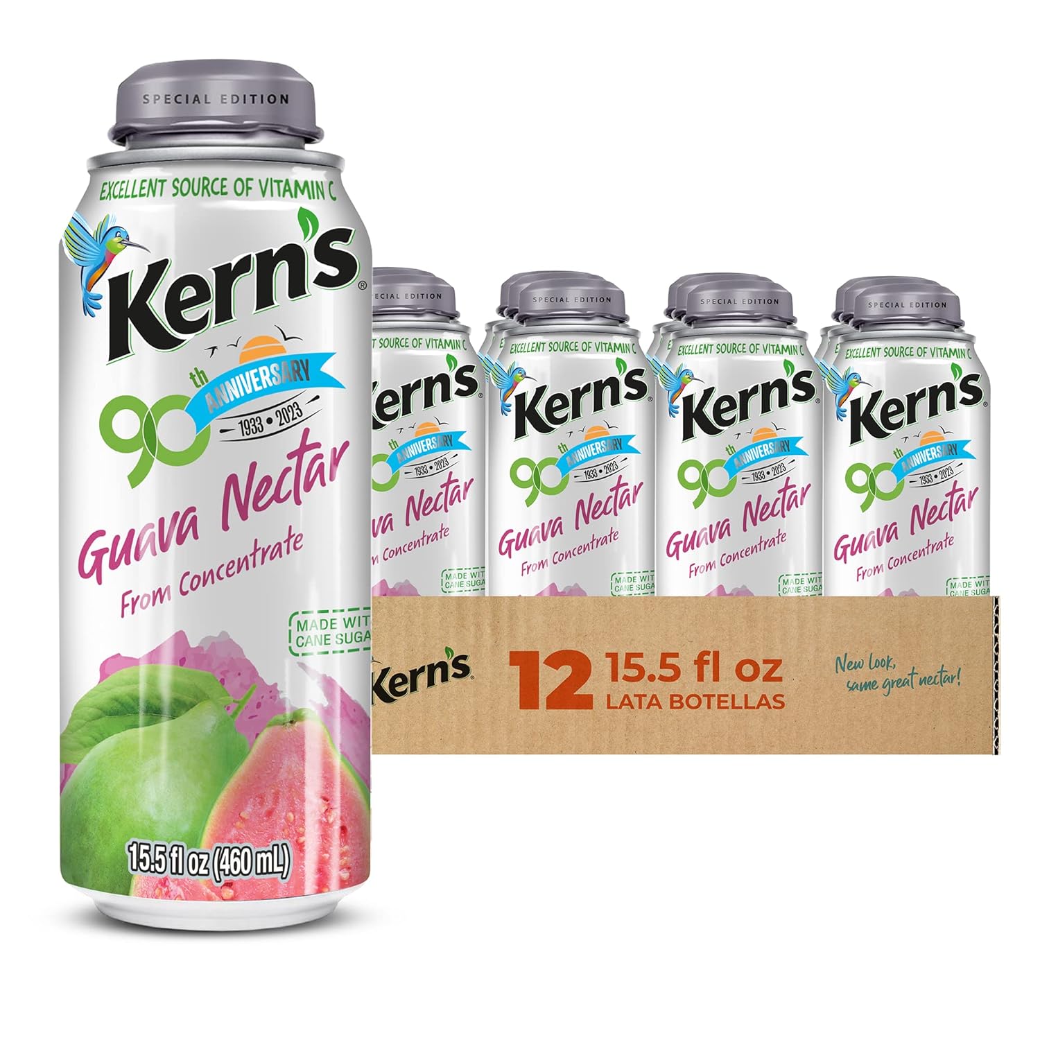 Kern’s Guava Nectar Lata Botella - Made with Fresh Fruit Puree - Guava Juice Concentrate for Tropical Fruit Smoothie Mix, Cocktail Mixers & Kids Beverages - 15.5oz, 12 Pack Resealable Juice Bottles