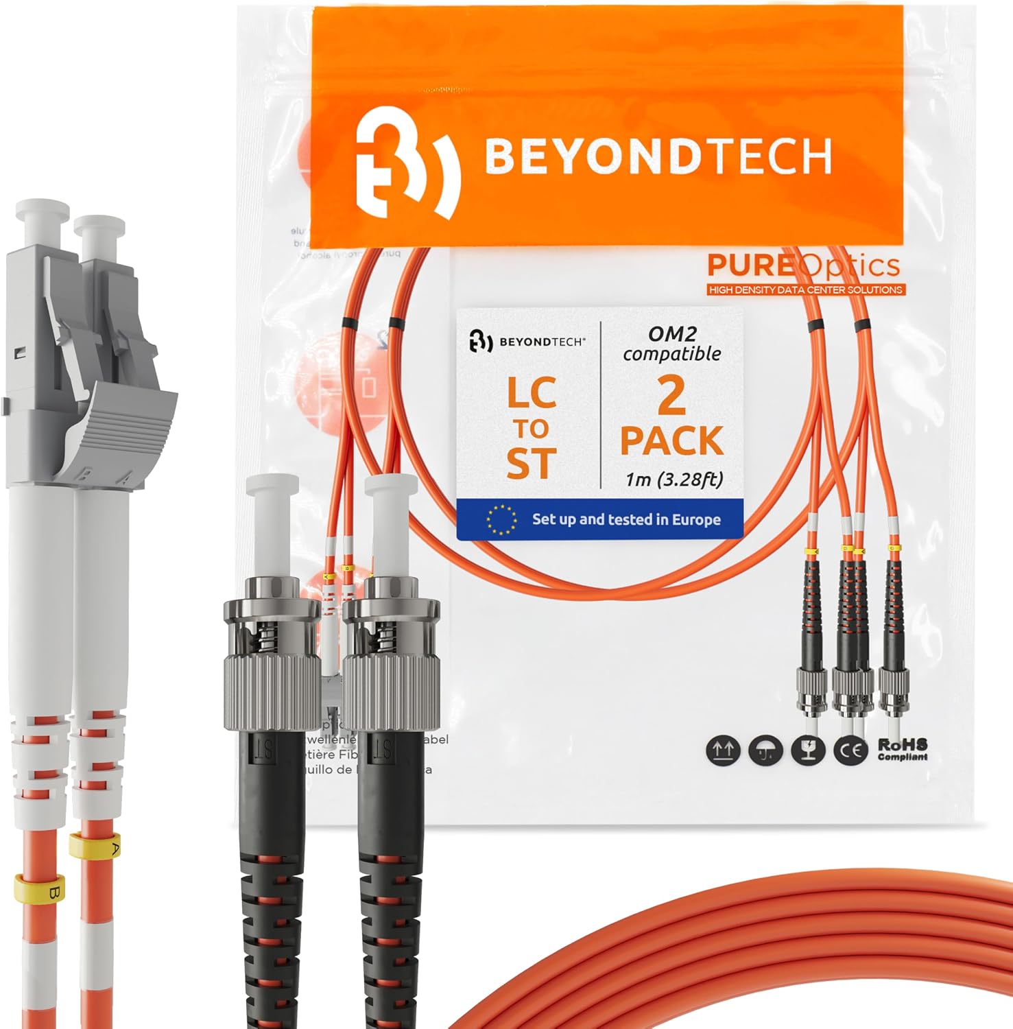 BEYONDTECH 1m (3.28ft) LC to ST Fiber Patch Cable – (2-Pack) UPC Multimode Duplex Fiber Optic Cable – 50/125µm core, Compatible with OM2 – LSZH PUREOptics Series