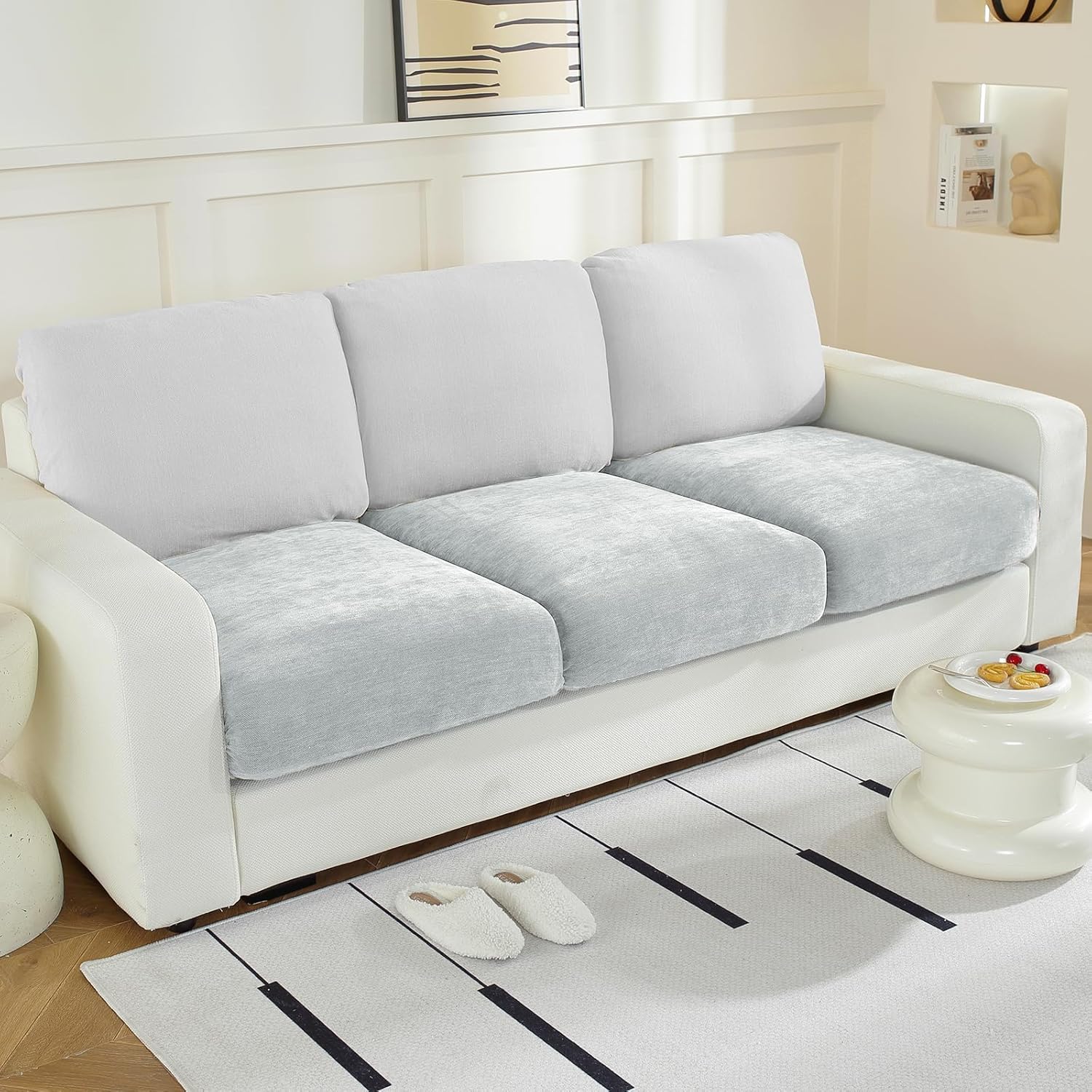 Individual Chenille Sofa Seat Covers, Washable Stretch Couch Cushion Covers Sofa Covers for 3 Seater and L Shaped Sectional Sofas, Non-Slip Furniture Protector (3 Pieces, Light Grey)