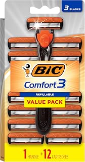 BIC Comfort 3 Refillable Three-Blade Disposable Razors for Men, Sensitive Skin Razor for a Comfortable Shave, 1 Handle and 12 Cartridges With 3 Blades, 13 Piece Razor Kit