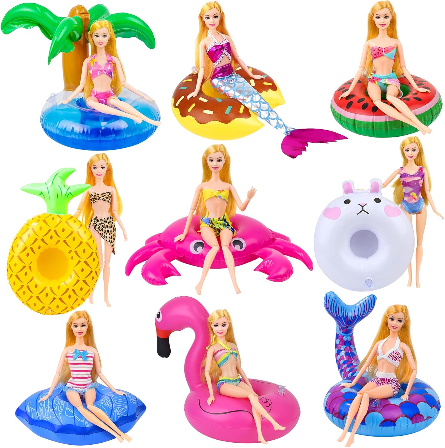 9Pcs Doll Swimming Pool Inflatable Float Including - Flamingos Donuts Pineapples Shells Crabs Rabbit Inflatable Drink Holder for Pool Party and Kids Toys