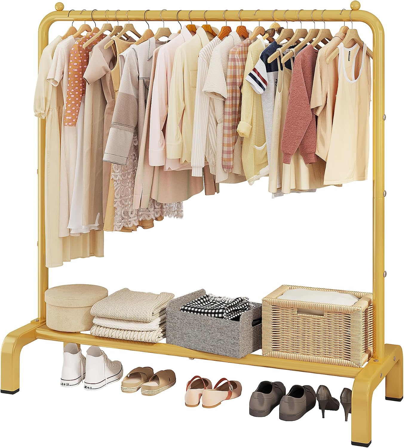 Metal 43.3 Inches Garment Rack with Bottom Shelf Clothing Rack for Hanging Clothes Coats Skirts Shirts Sweaters Gold