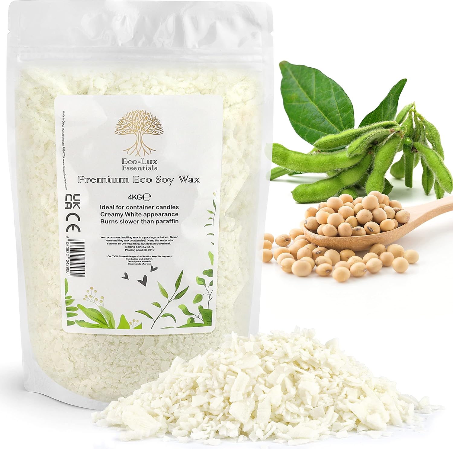 Eco Lux UK 4KG Premium Soy Wax White Flakes, 100% Natural, Vegan Cruelty Free, Organic - Candle Making Container Candles Wax Melts SOYA Wax No additives, Harmless and Pure (4KG)