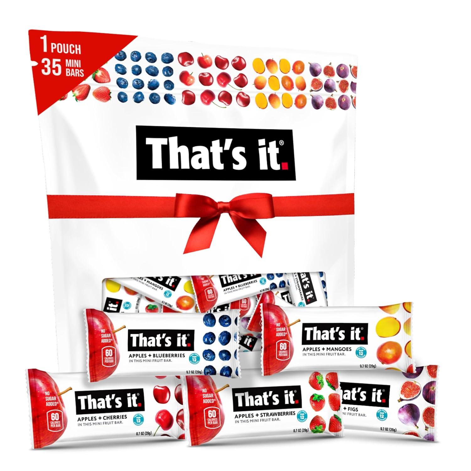 That's it. Mini Fruit Bars (Variety 35 Pack) No Sugar Added, Plant-Based, Vegan & Gluten Free, Breakfast Bar, Paleo, for Children & Adults, Non GMO, Fiber (7 Blueberry, 7 Cherry, 7 Fig, 7 Mango, 7 Strawberry)