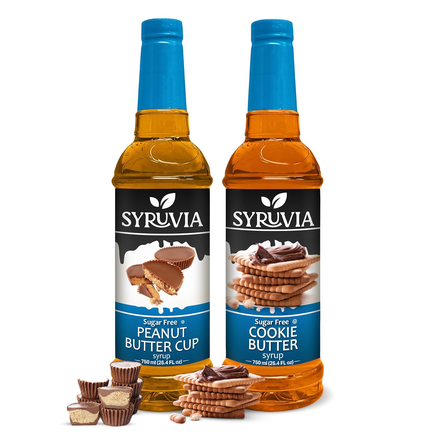 Syruvia Sugar-Free Peanut Butter Cup, Sugar-Free Cookie Butter Syrup - 25.4 fl oz. Premium Coffee Flavoring Syrup. 0 Calories, Kosher, and Gluten-Free. Perfect for Drinks, Desserts, and More.