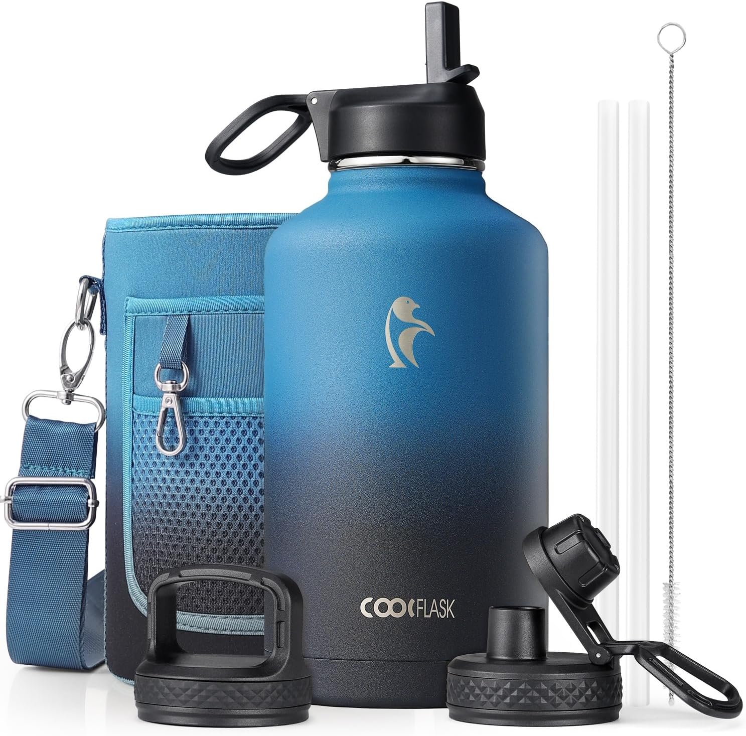 Coolflask Half Gallon Water Bottle Insulated with Straw & 3 Leakproof Lids