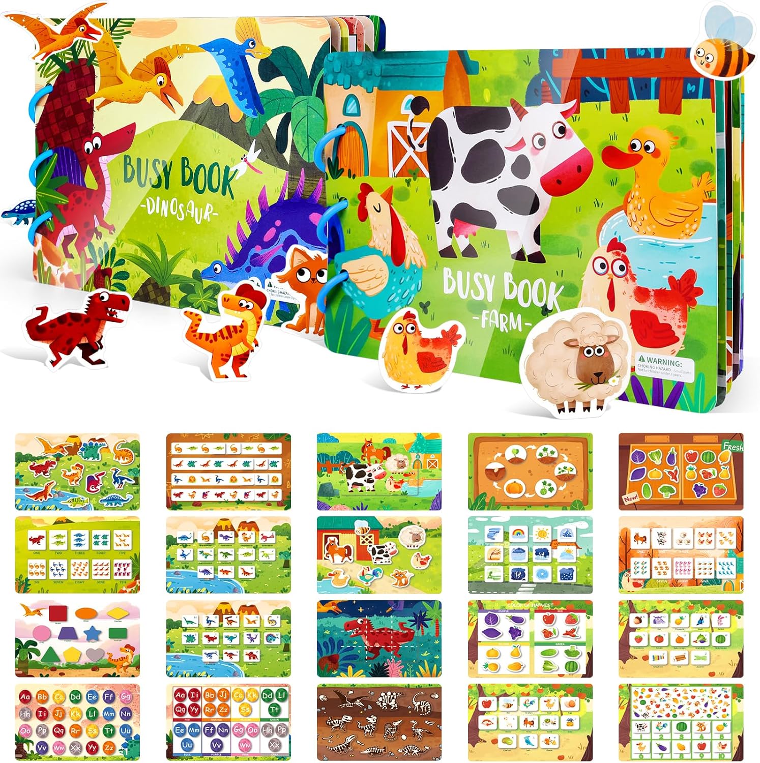 ASTARON 2 Pack Montessori Toys DIY Busy Book for Toddlers 3 4 5 6 Year Olds,Farm & Dinosaur Theme Educational Toys Gifts for 3-5 Year Olds Boys Girls Kids Autism Sensory Toys