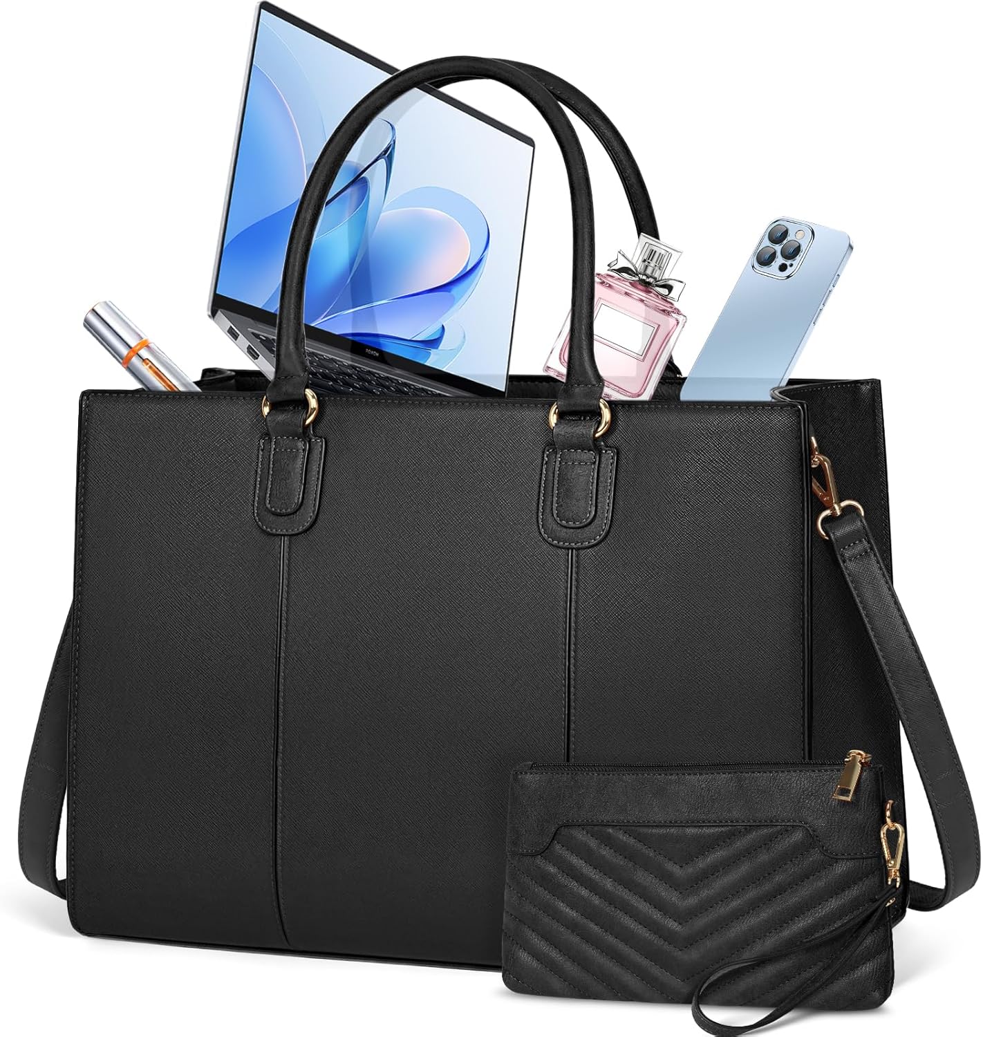 NEWHEY Laptop Bag for Women 15.6 Inch Work Tote Bags Leather Computer Bag with Clutch Purse Professional Office Briefcase Waterproof Handbag for Business Travel College, Black