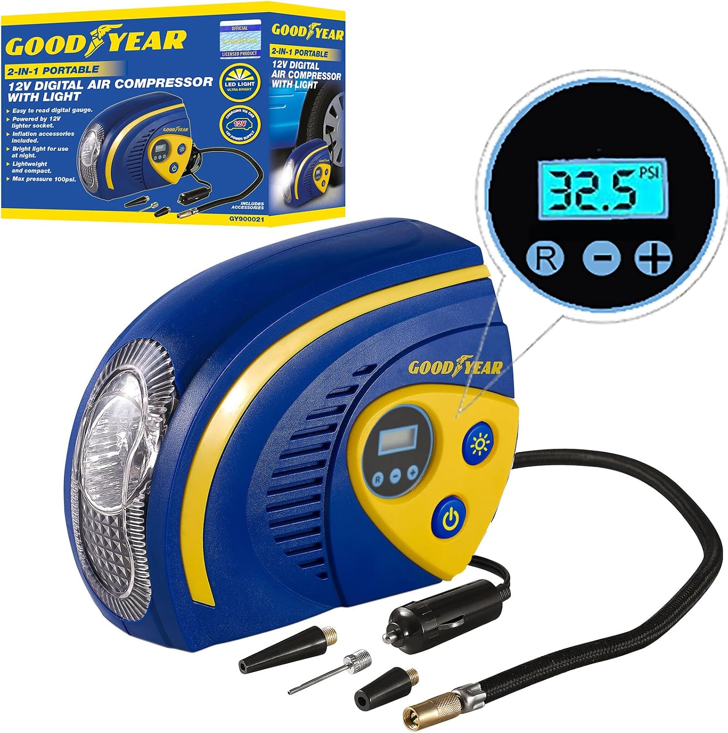 Goodyear Digital Car Tyre Air Inflator Compressor Pump with Digital Display | Pre Set Pressure | Inflatables Toys | Swimming Pool | Anti-Burst