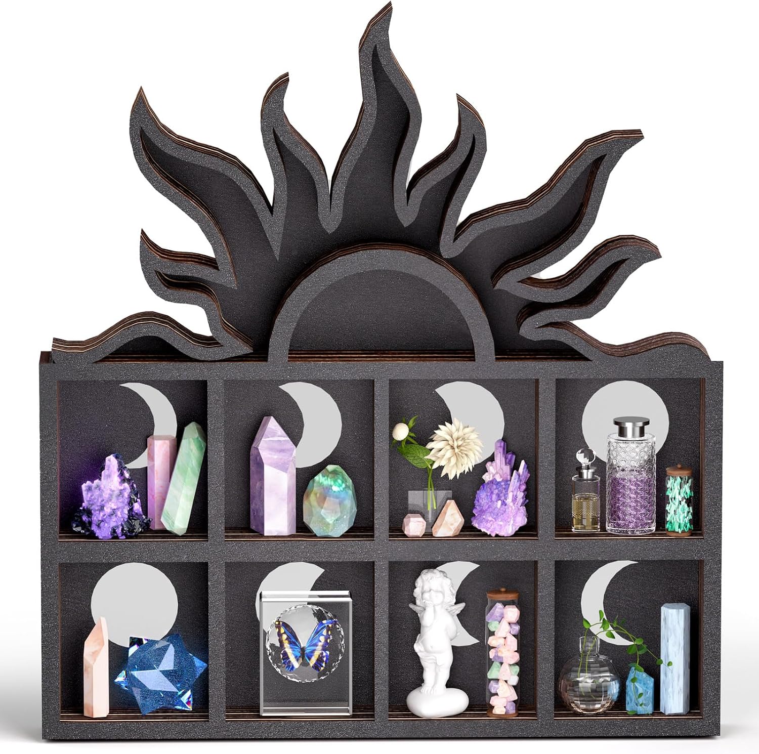 Qmetalart Sunrise Trinket Shelf, Sun Moon Crystal Display Shelf Storage Wall Hanging Wooden Floating Shelves with Moon Phase Cut-Out Designs for Rock Gem Stone Showcase Organizer Wall Tabletop Decor