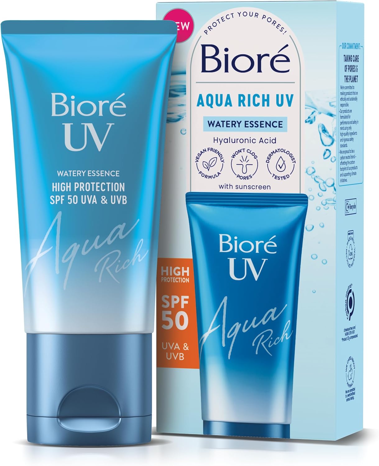 Biore Aqua Rich UV Watery Essence SPF 50 Sunscreen, 50ml | Invisible High Protection, Hydrates With Hyaluronic Acid, No White Cast, Non Oily Sun Cream, Japanese Sunscreen