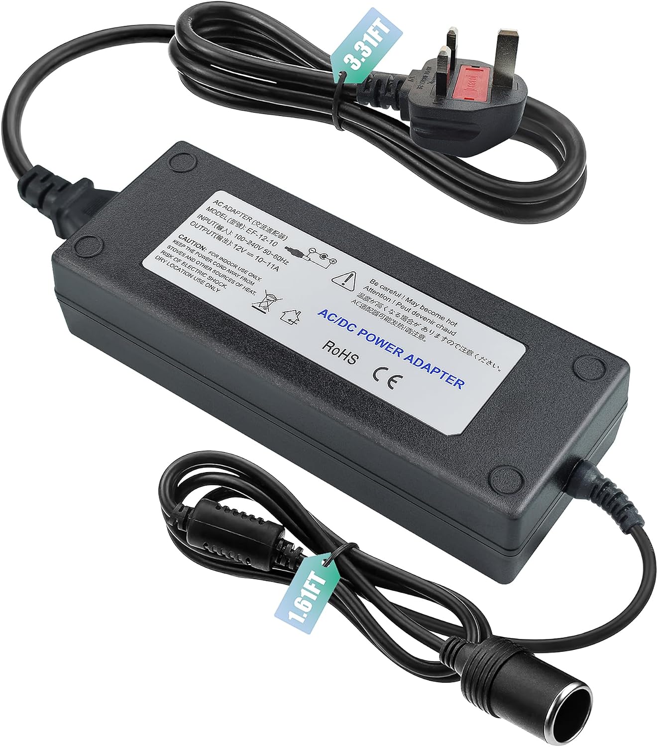 220V to 12V Adapter 10A 120W - UK 3-Pin Plug AC to DC Car Power Converter, Cigarette Lighter Socket for Vehicle Refrigerator, Tire Inflator, Automotive Vacuum & Road Trip/Home Use