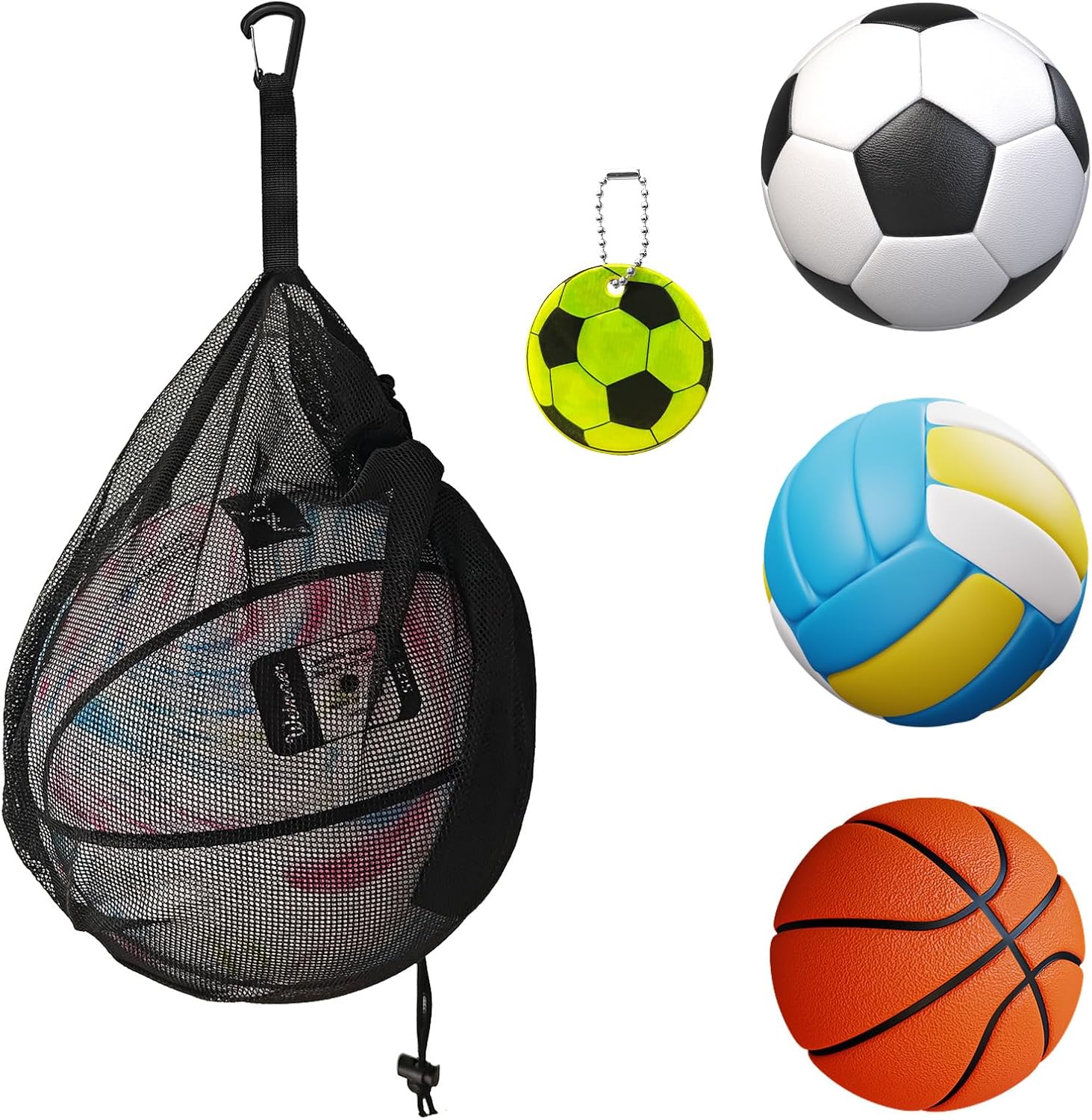 Single Ball Drawstring Bag, 10 x 12 inch Mesh Ball Carrier Bag, Football Sling Carry Bag, Volleyball Storage Bag with Zipper Pocket Buckle Clips Reflective Pendant for Sports Soccer Basketball