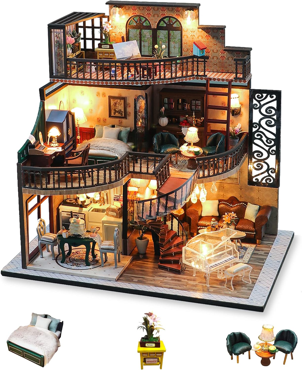 Cuteefun DIY Miniature Dolls House Kit for Adults to Build DIY Mini House Kit with Furniture DIY Miniature House Kit with Tools Make Your Own Craft House Model (Vintage Loft)