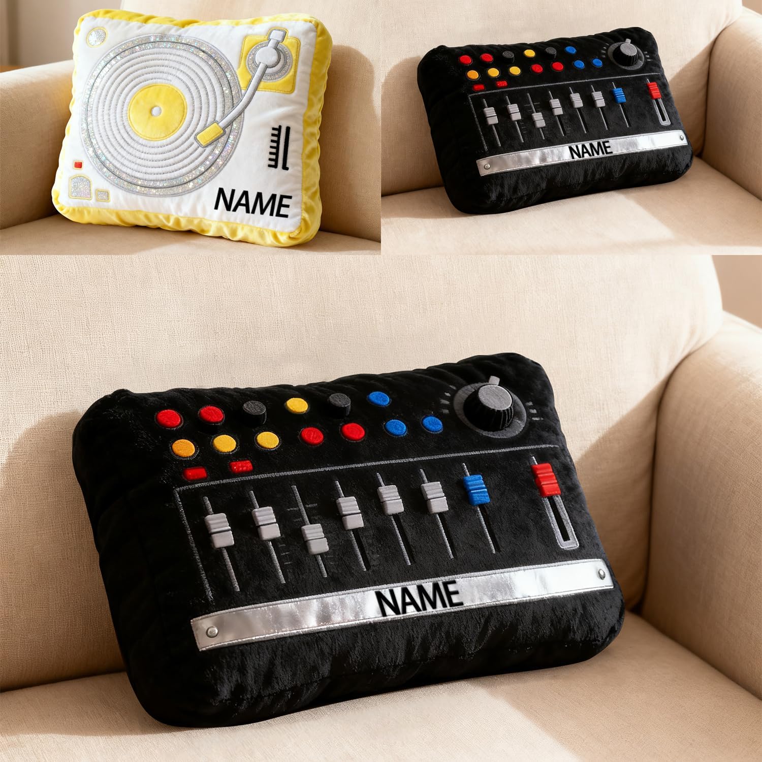 Personalized DJ Turntable Shaped Themed Pillow Music Lover Gifts, Custom Name 2D Printed Musical Instrument DJ Turntable Throw Pillow Sofa Decorative Cushion Plush Stuffed Pillows