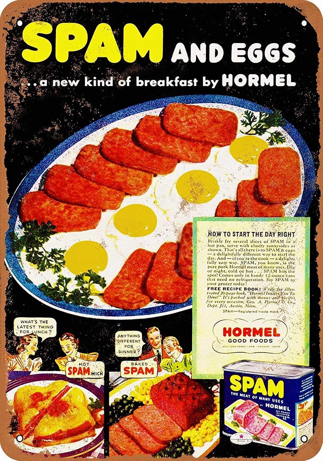 8 x 12 Metal Sign - Hormel Spam Eggs - Vintage Wall Decor Art