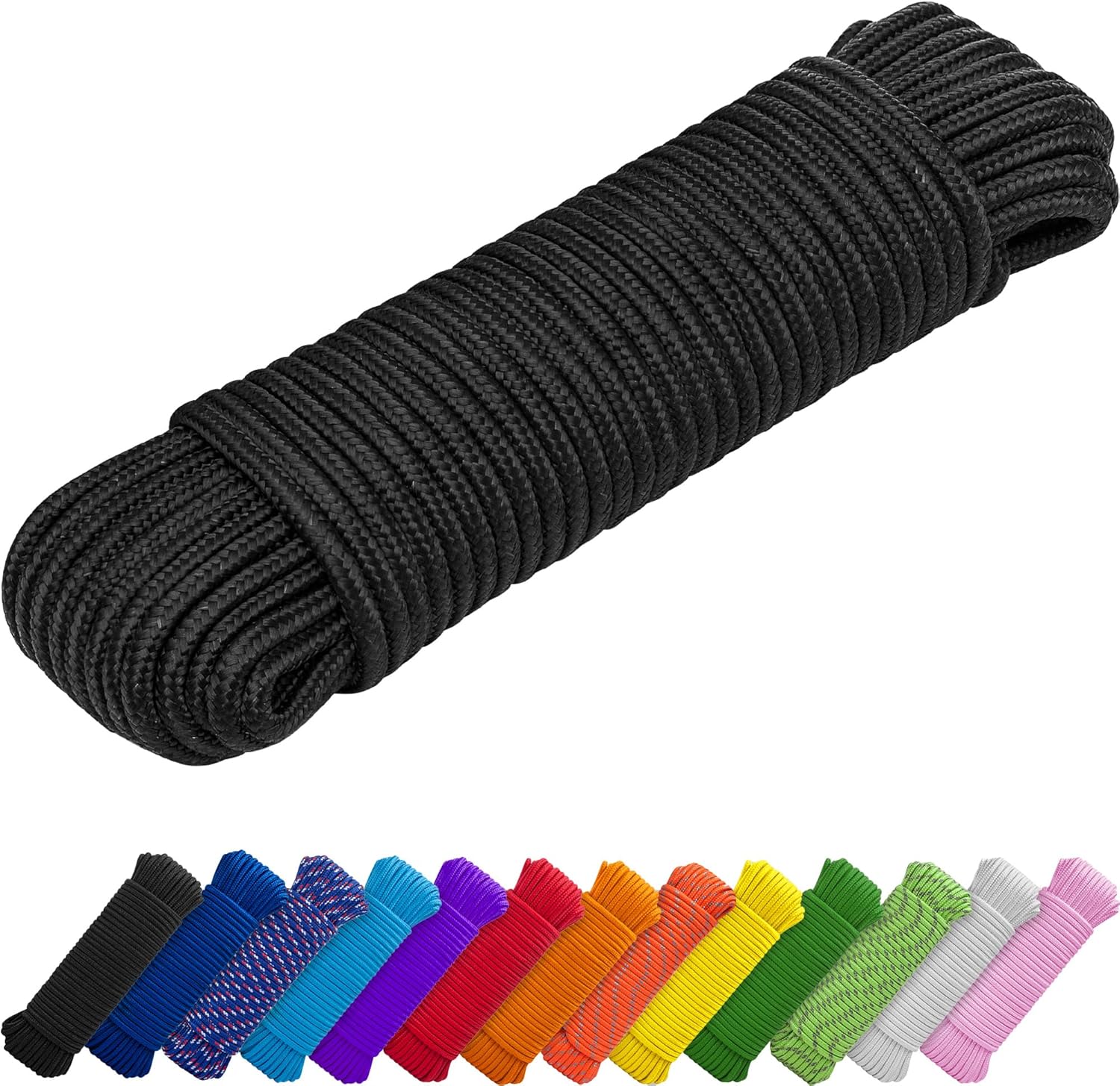 TECEUM Rope 1000lb – 1/4” & 3/8” – 90 FT | 150 FT – Strong All-Purpose Utility Rope – Camping, Crafting, Flag Pole, Indoor & Outdoor – Polypropylene Nylon Poly Lightweight Diamond Braided Cord – Black