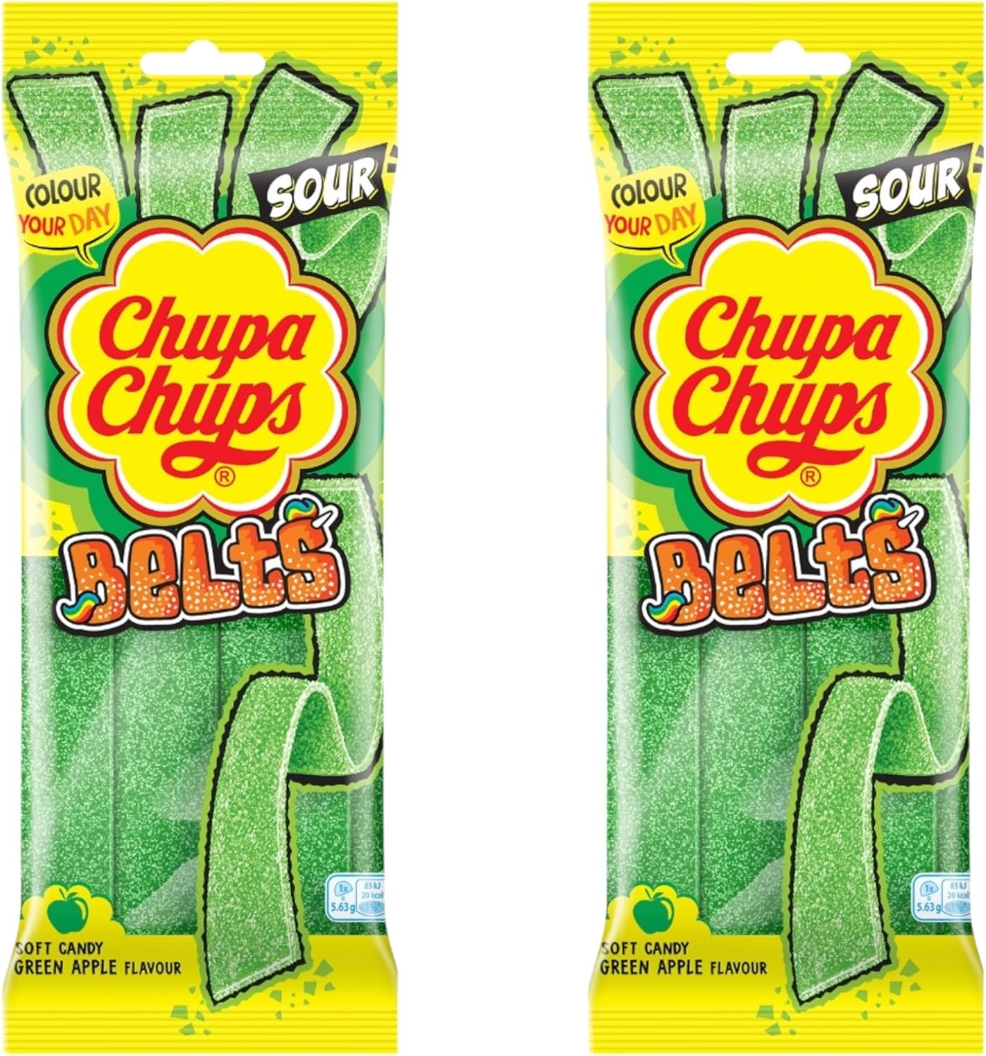 Chupa Chups Belts Sour Apple Fizzy Sugar Coated Gummy Strips Sweets 90g - 2x Share Bags