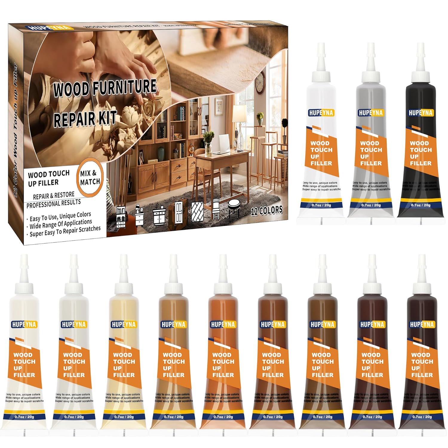 Wood Repair Kit, 12 Colour Wood Fillers, Furniture Repair Kit, Repair Scratch, Cracks, Stains, Discoloration for Wood Furniture, Door, Cabinet, Floor, Table Surface Wood Touch up Filler Wood Paint