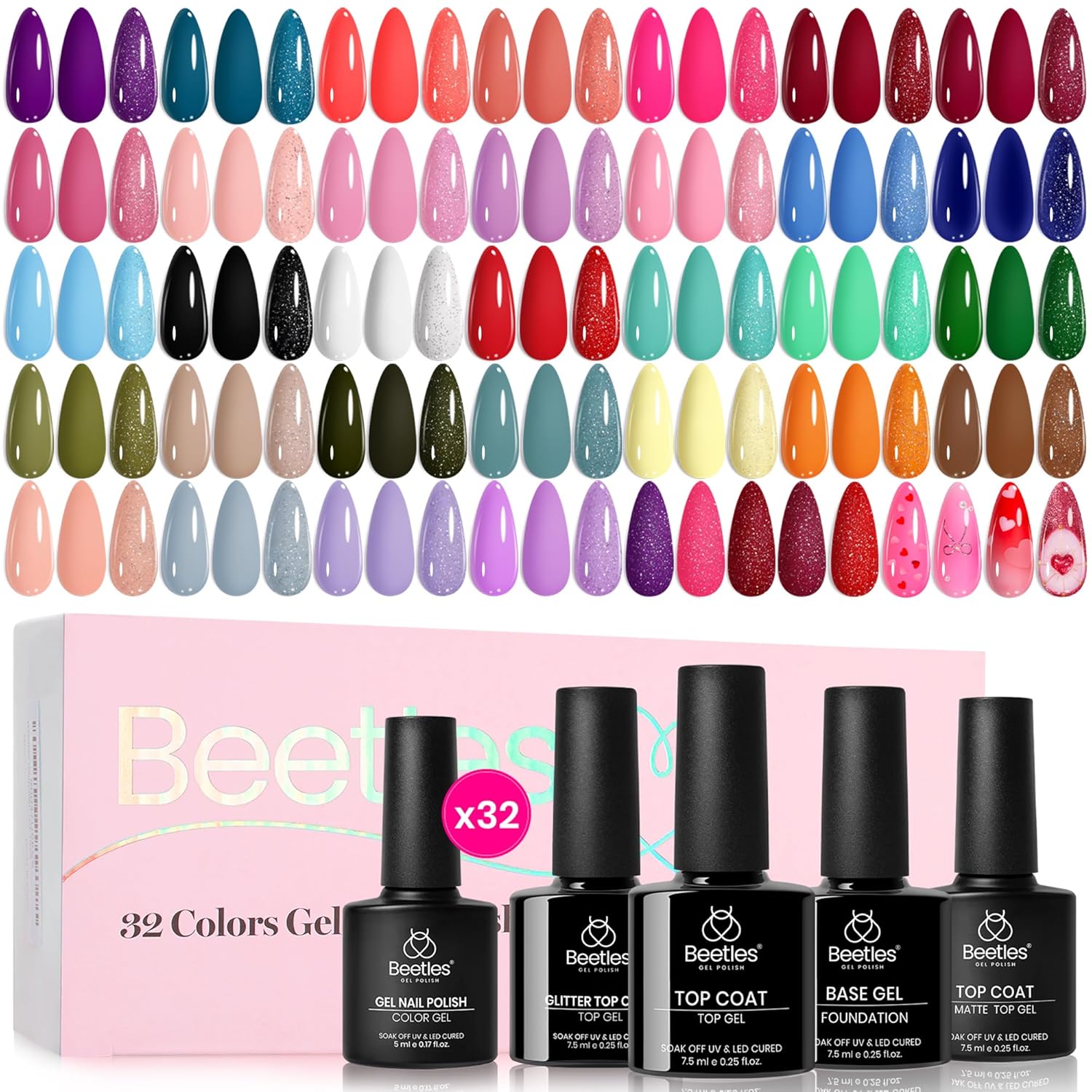 Beetles Fall Gel Polish Set, Fingertip Palette Collection, 32 Colors | With Base Glossy Matte Glitter Top Coat, Pink Red Blue Purple Brown Yellow Green Black White Gel, UV LED Lamp Nails Gifts