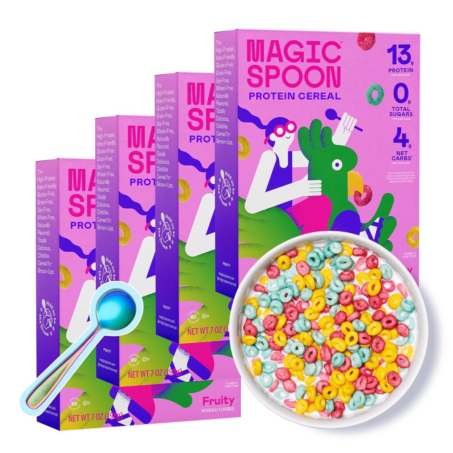 Magic Spoon Fruity High Protein Cereal - Keto & Gluten Free - 4 Pack | Sugar free snacks & breakfast food, grain free cereal, low carb, healthy snacks for kids & adults