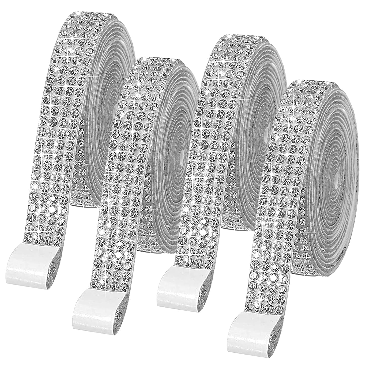Rjayaa Rhinestones Diamond Ribbon, 4 Rolls Diamante Strips Trim Self Adhesive Silver Glitter Resin Crystal Bling Ribbon Stickers for Crafts