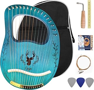 Lyre Harp 16 Strings: Solid Mahogany Wooden Body Metal Strings Musical Instrument - Accessory with Tuning Wrench and Durable Gig Bag