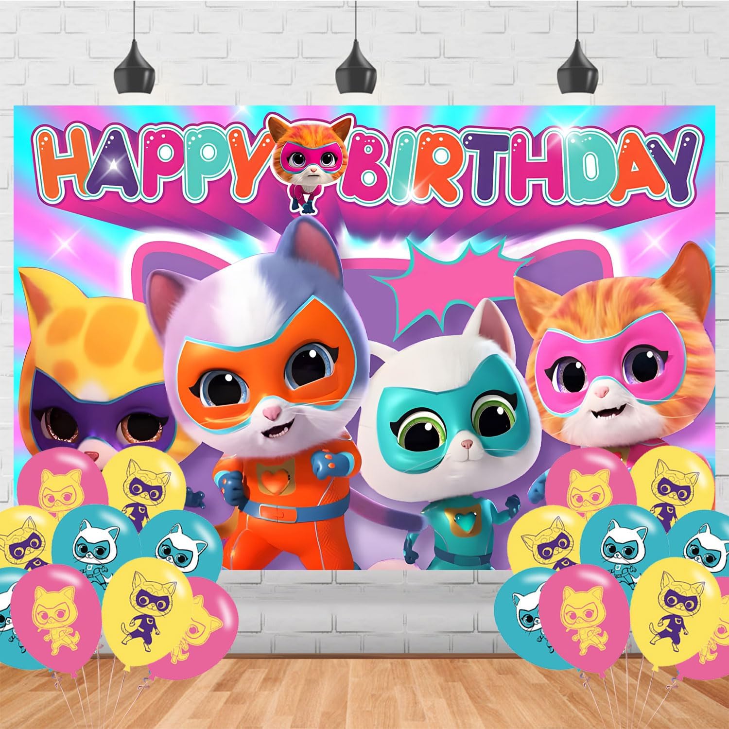 Super Kitties Cat Birthday Decorations,Super Kitties Backdrops for Cat Party Decorations Supplies,Anime Happy Birthday Banner Backdrop for Party Supplies (5x3ft)