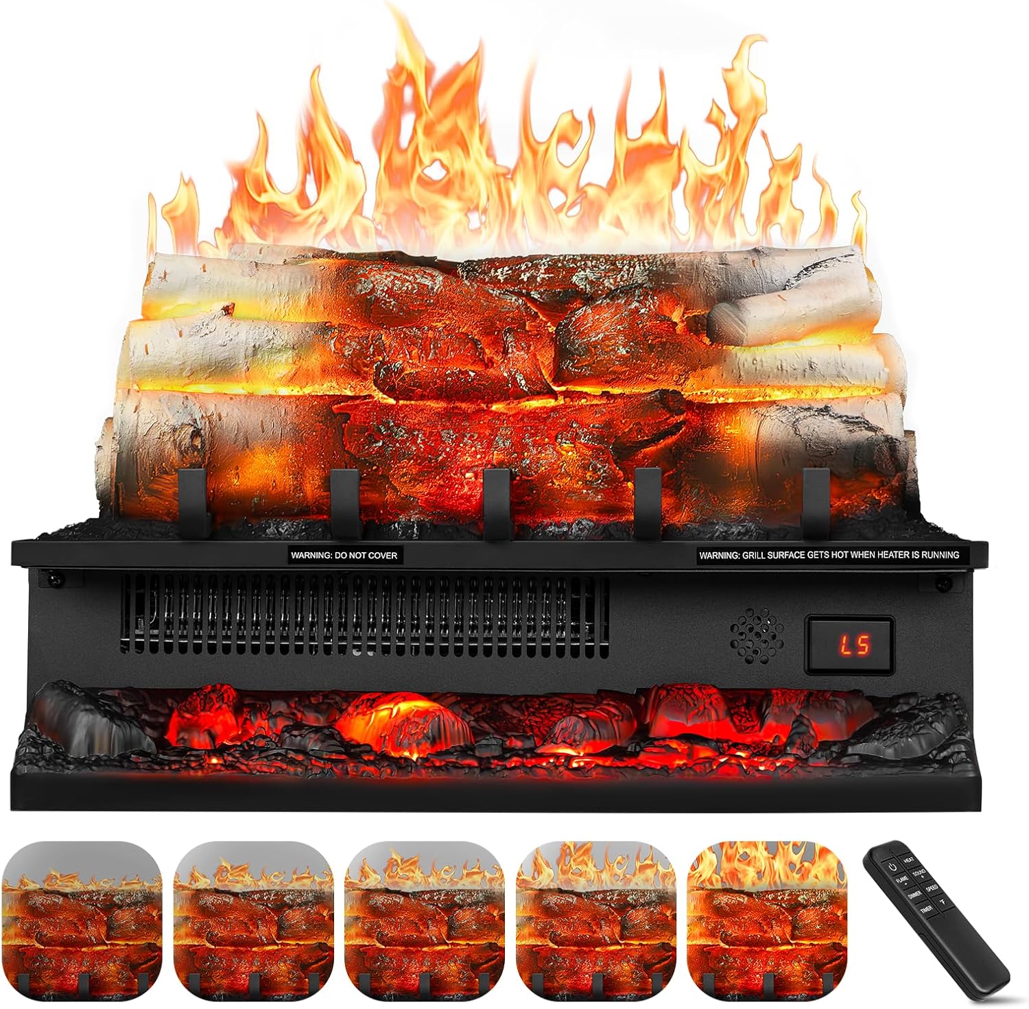 ZAFRO Electric Fireplace Log Set Heater 750W/1500W, Electric Log with Adjustable 5 Flame Brightness&Speed/3 Music Sounds/Remote Control/8Hrs Timer for Home, Room, Office Decor