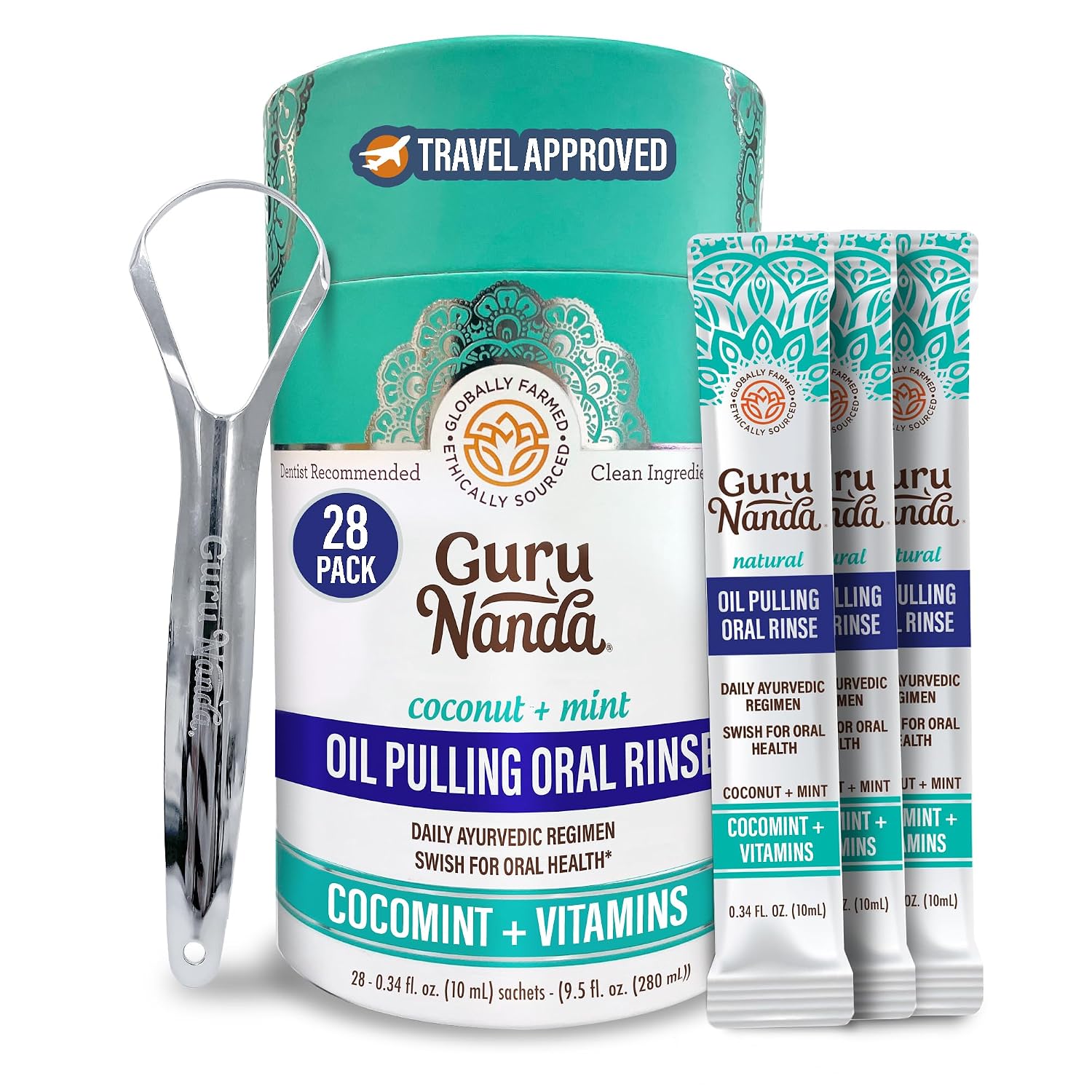 GuruNanda Coconut Oil Pulling Travel Mouthwash-28 Sachets, Travel Essential