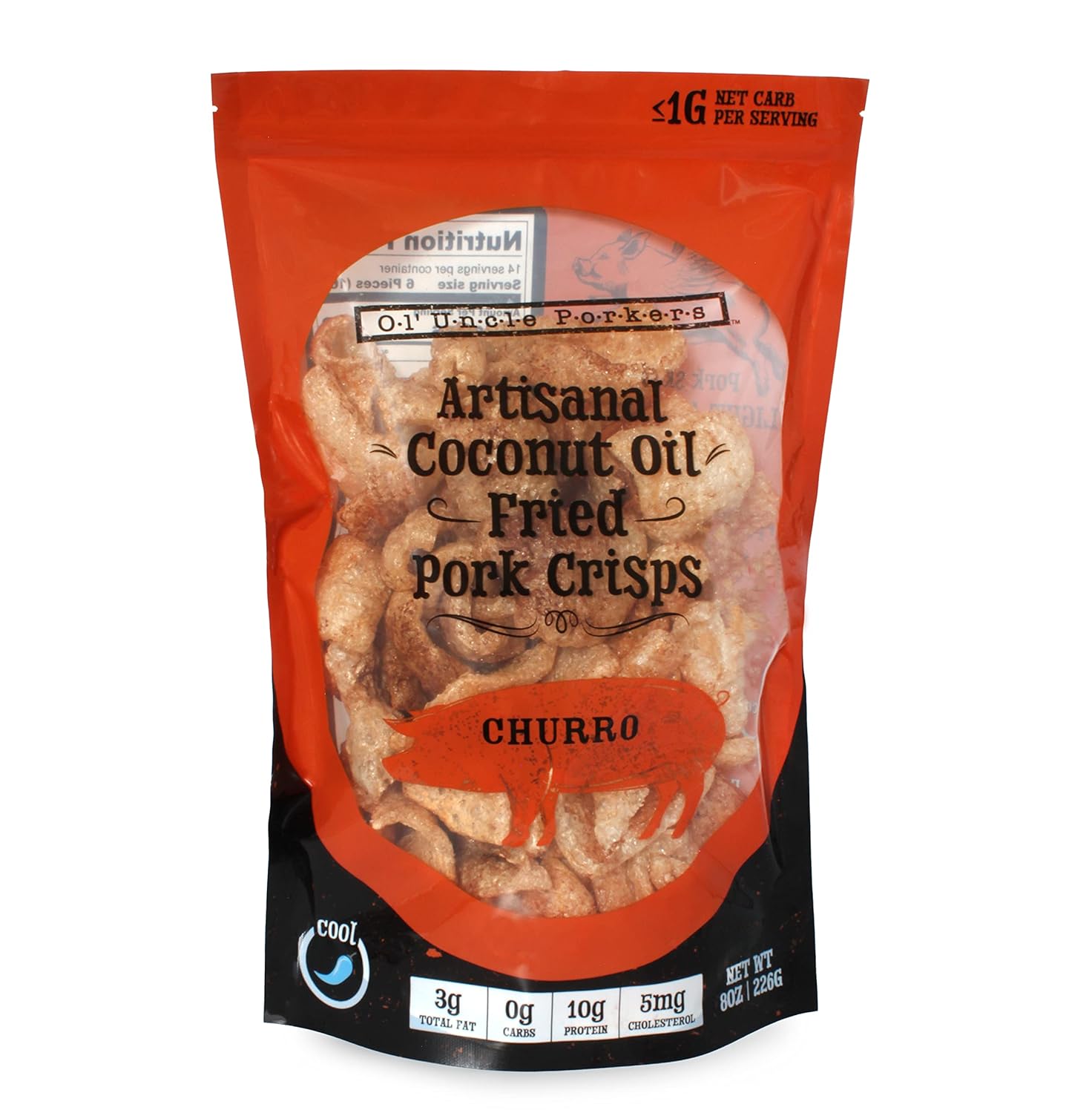Keto-Friendly Churro Pork Rinds (Cinnamon Churro, 8oz Bag); Pork Crisps Fried in Coconut Oil, Zero Carb Snack