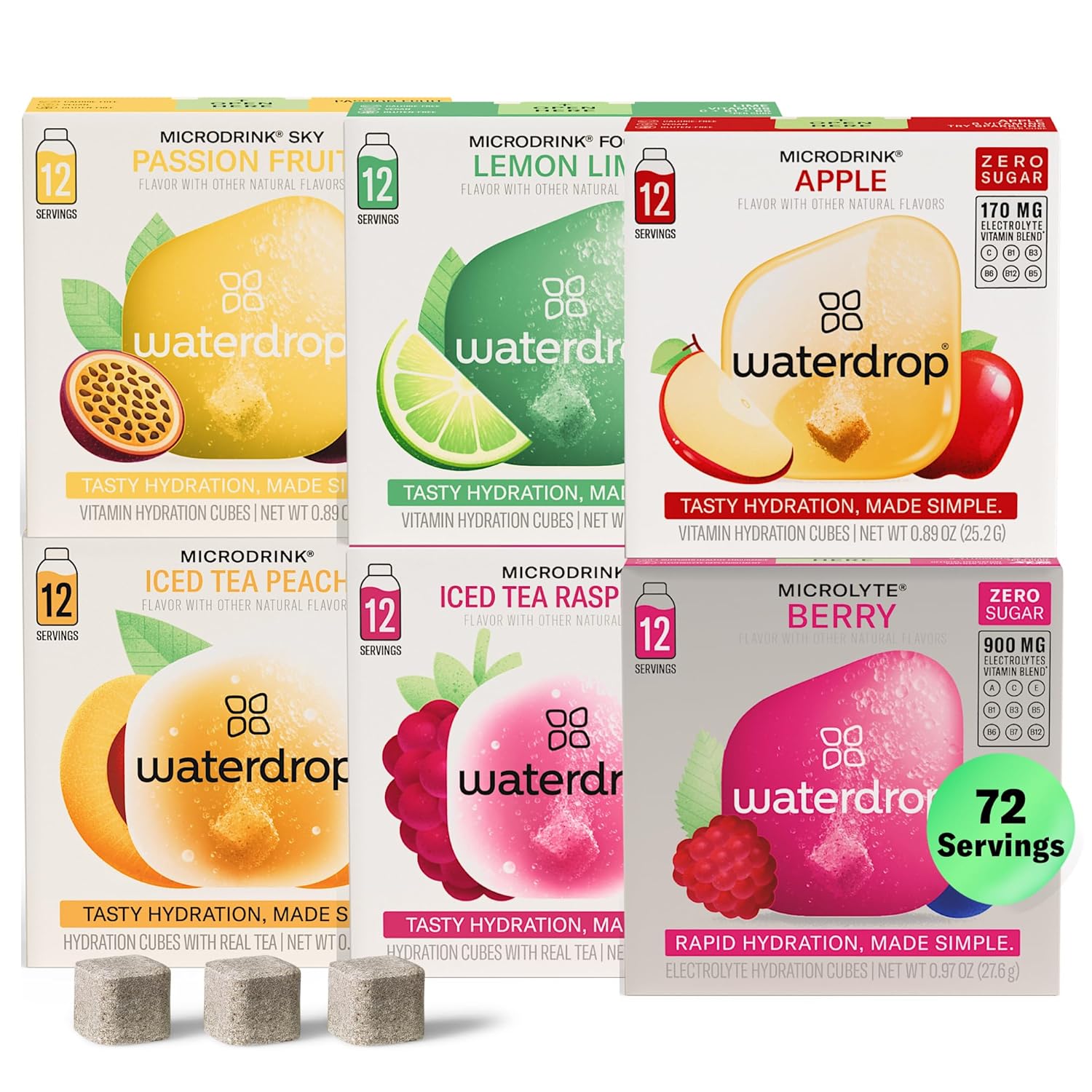 Waterdrop Hydration Cubes With Vitamin C, B Vitamins and Electrolytes, 6 Flavor Electrolyte Variety Pack, Flavored Water Enhancer Cubes for Still & Sparkling Water, Low Calorie, Sugar Free, 72 Count