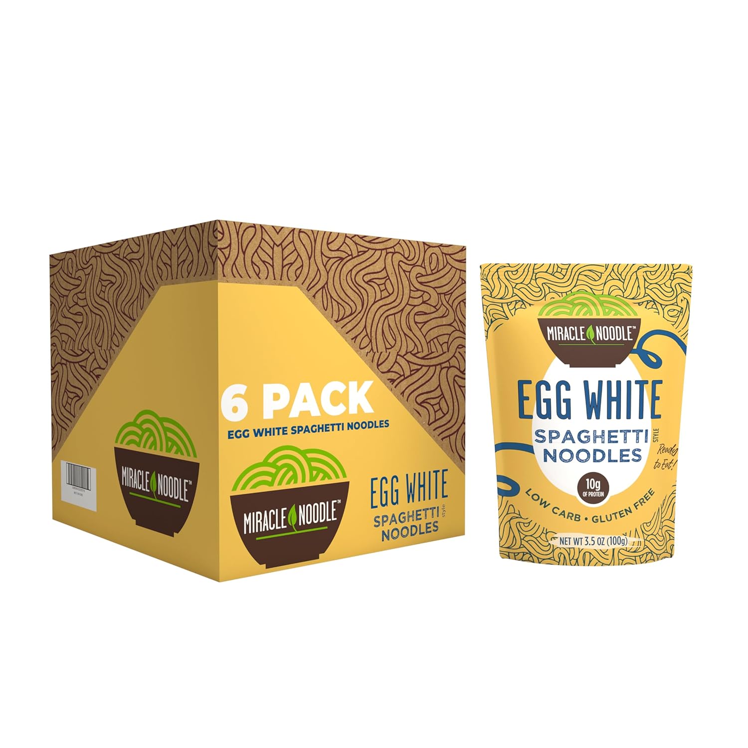 Miracle Noodle High Protein Egg White Noodles - Spaghetti – Low in Carbs & Calories – Ready to Eat – 3.5 Ounce (Pack of 6)