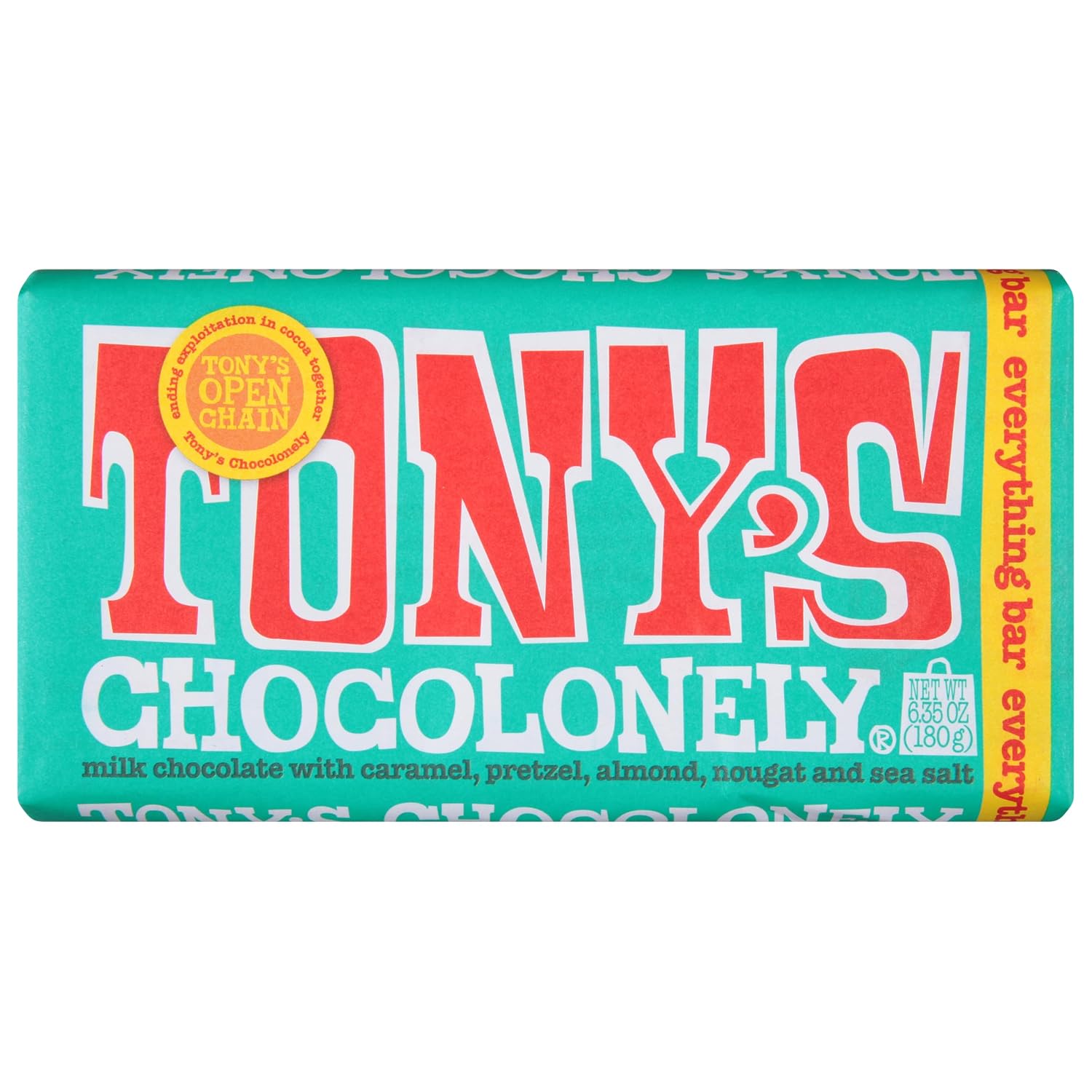 Tony’s Chocolonely the Everything Bar, Belgian Milk Chocolate Candy Bar With Sea Salt, Caramel, Pretzel, & Almond Nougat for Snacks or Gifts, 32% Cacao, Made From Quality Fairtrade Cocoa, 6.35 Oz