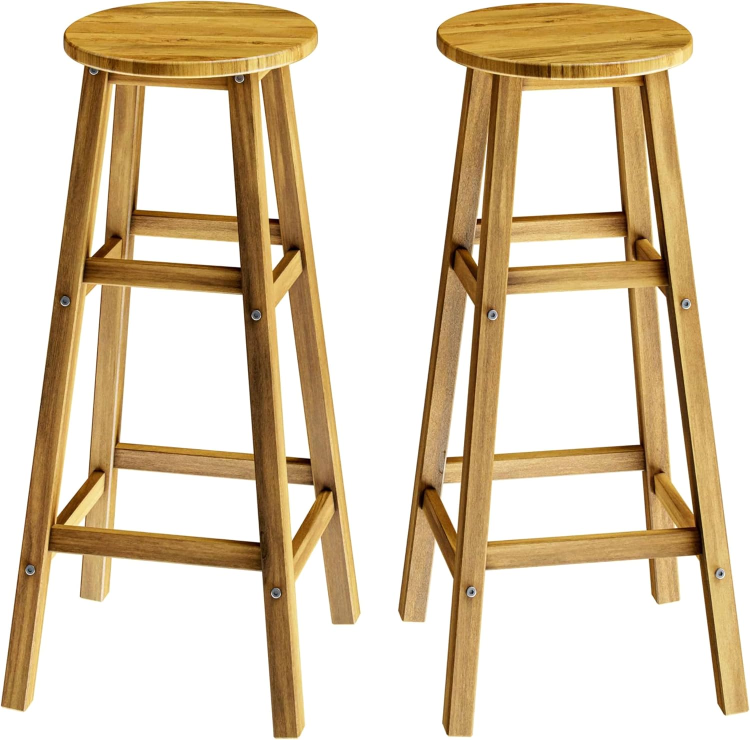 CASARIA Set of 2 Acacia Wood Bar Stools 75 cm High with Footrests in Brown