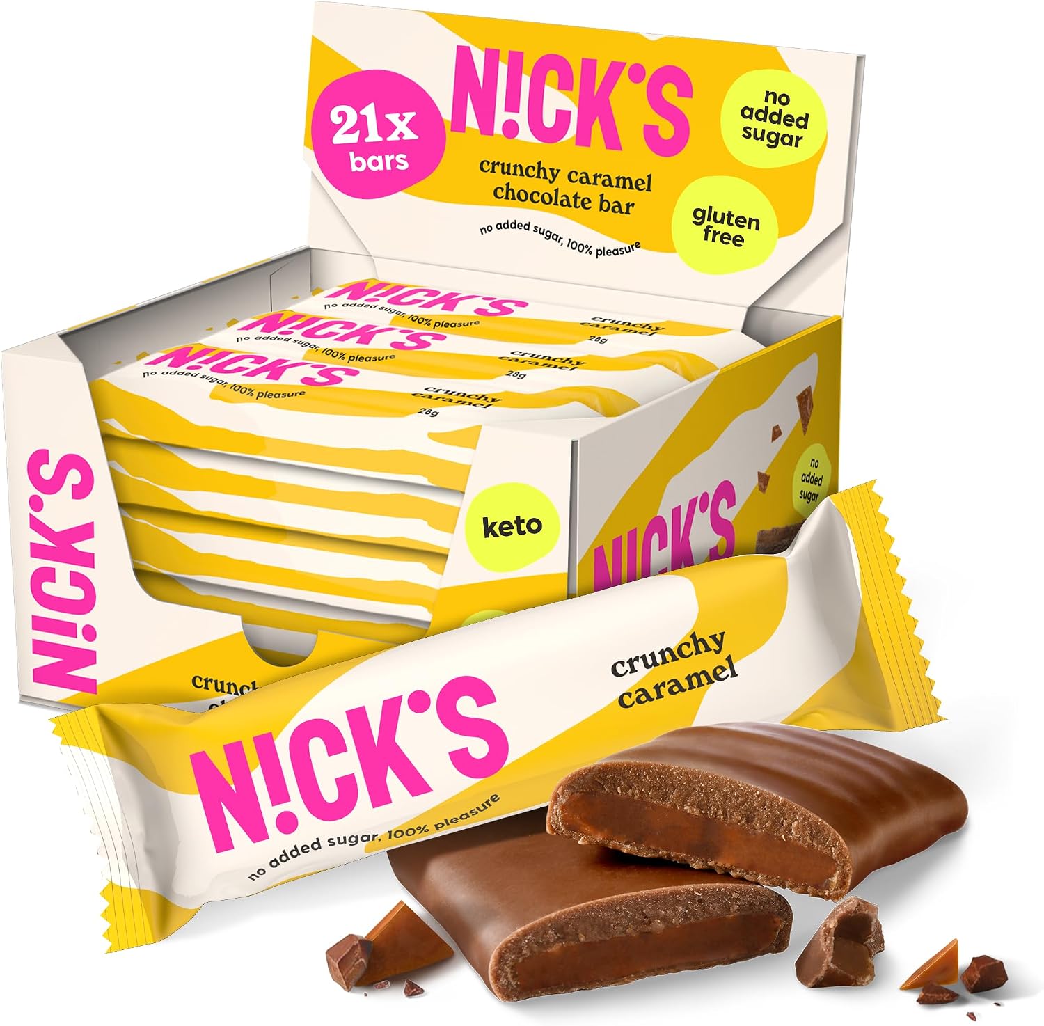 N!CK'S Crunchy Caramel Keto Chocolate Bars No Added Sugar, 88 Calories, 2 Net carbs, Gluten Free Sweets Low carb Candy Snack Bar with Almonds (Multipack 21x28g)