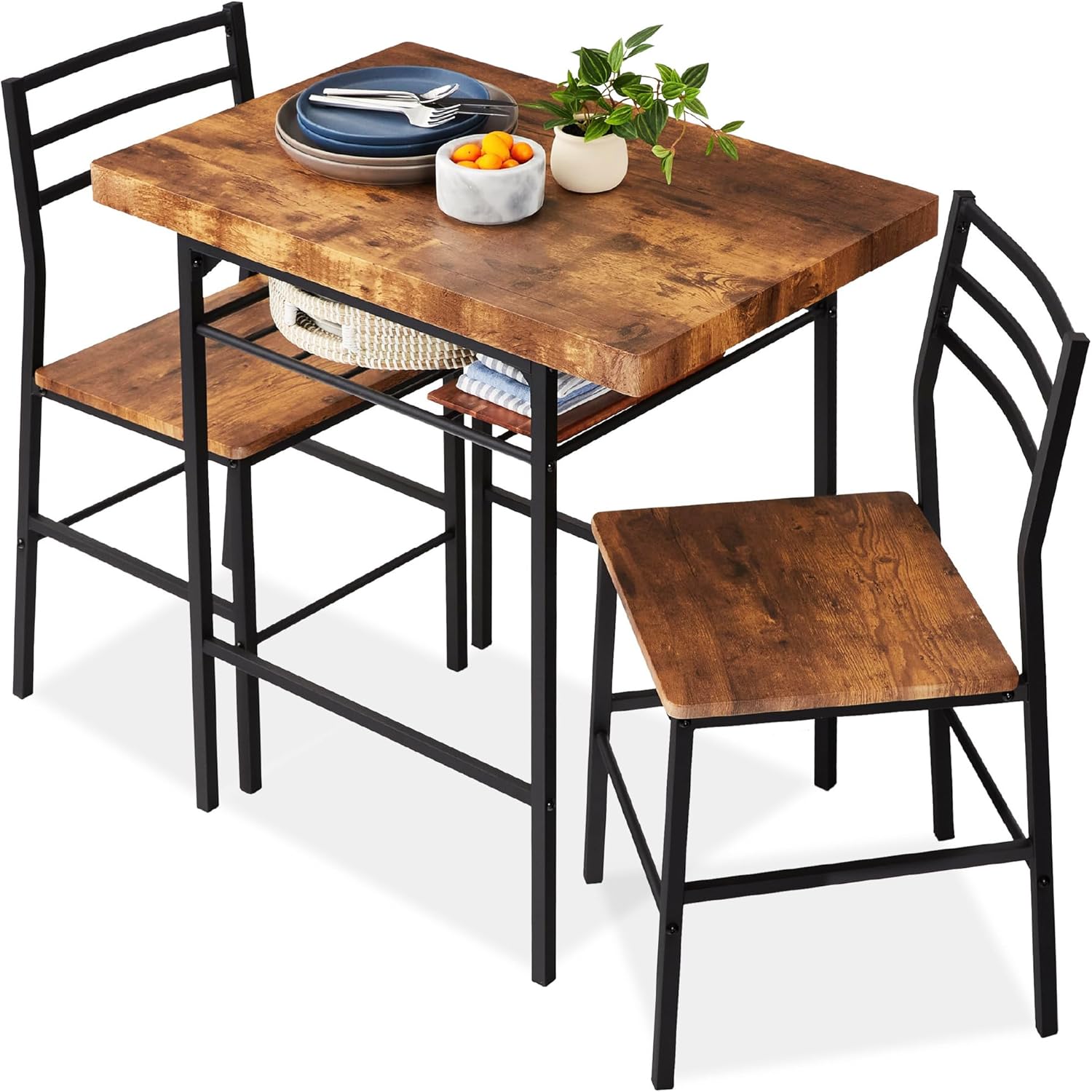 Best Choice Products 3-Piece Modern Dining Set, Space Saving Dinette for Kitchen, Dining Room, Small Space w/Steel Frame, Built-in Storage Rack - Medium Brown/Black