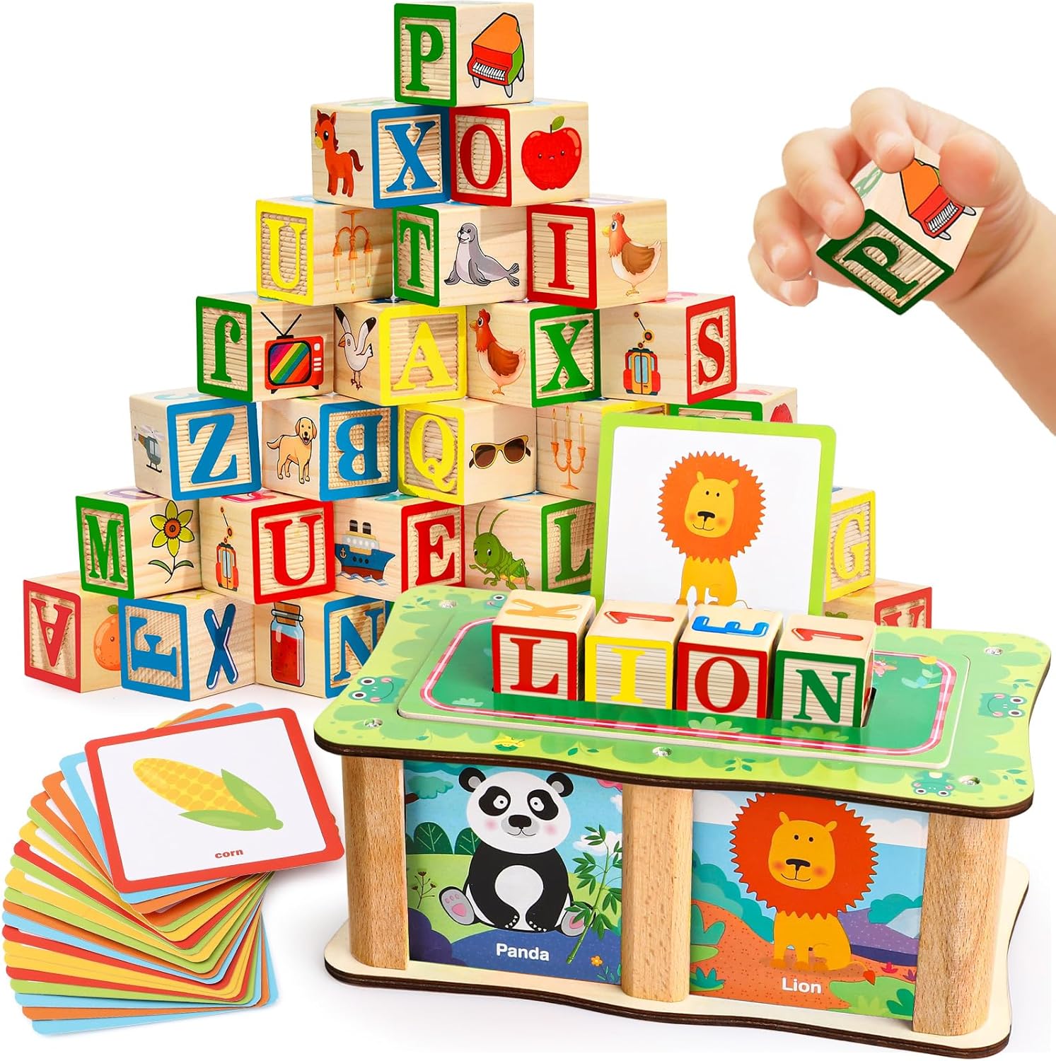 Lewo ABC Wooden Blocks for Toddlers 1-3 Alphabet Learning & Educational Toys with Box & Letter Spelling Matching Game, Boys Girls Montessori Building Blocks Birthday Gifts for Kids 1 2 3 4 Years Old