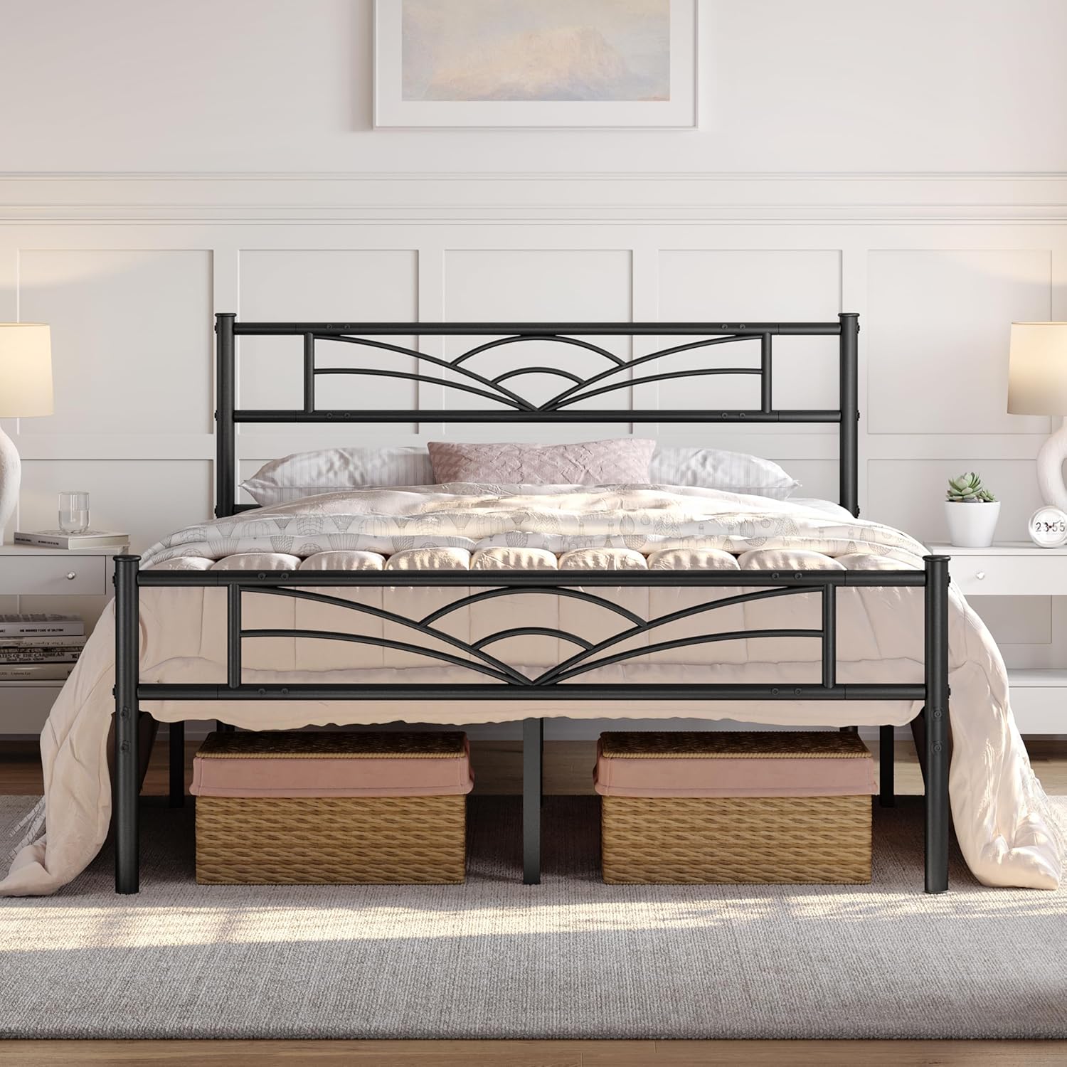 Yaheetech 4ft6 Double Bed Solid Bed Frame with Cloud-inspired Design Headboard and Metal Bed Slats, Ample Under-bed Storage Black