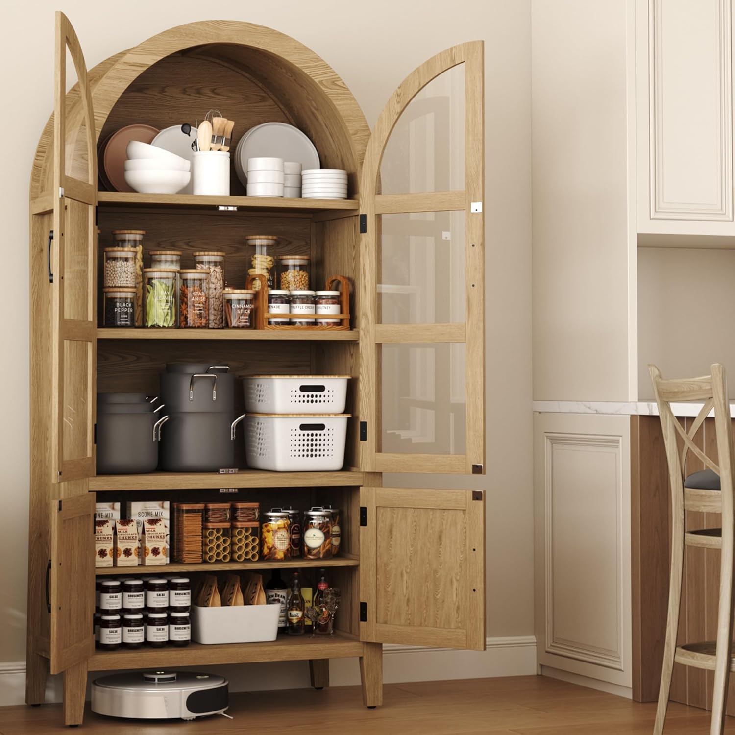 Function Home 71" Arched Kitchen Pantry Cabinet, Farmhouse Storage Cabinets with Glass Door, Tall Wood Bookshelf with Rattan Door, Modern Cupboard for Kitchen Dining Room Living Room, Natural