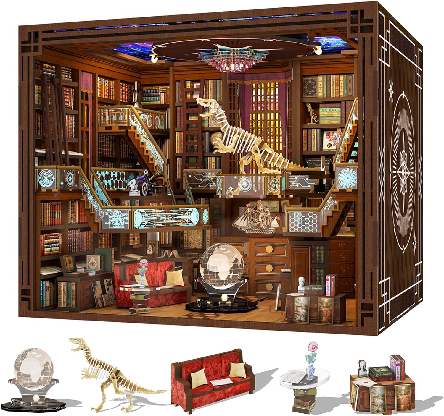 Minicity Book Nook Kit, DIY Miniature Dollhouse Booknook Kit, 3D Wooden Puzzle Bookend Bookshelf Insert Decor with LED Light for Teens and Adults(Beyond Library Max)